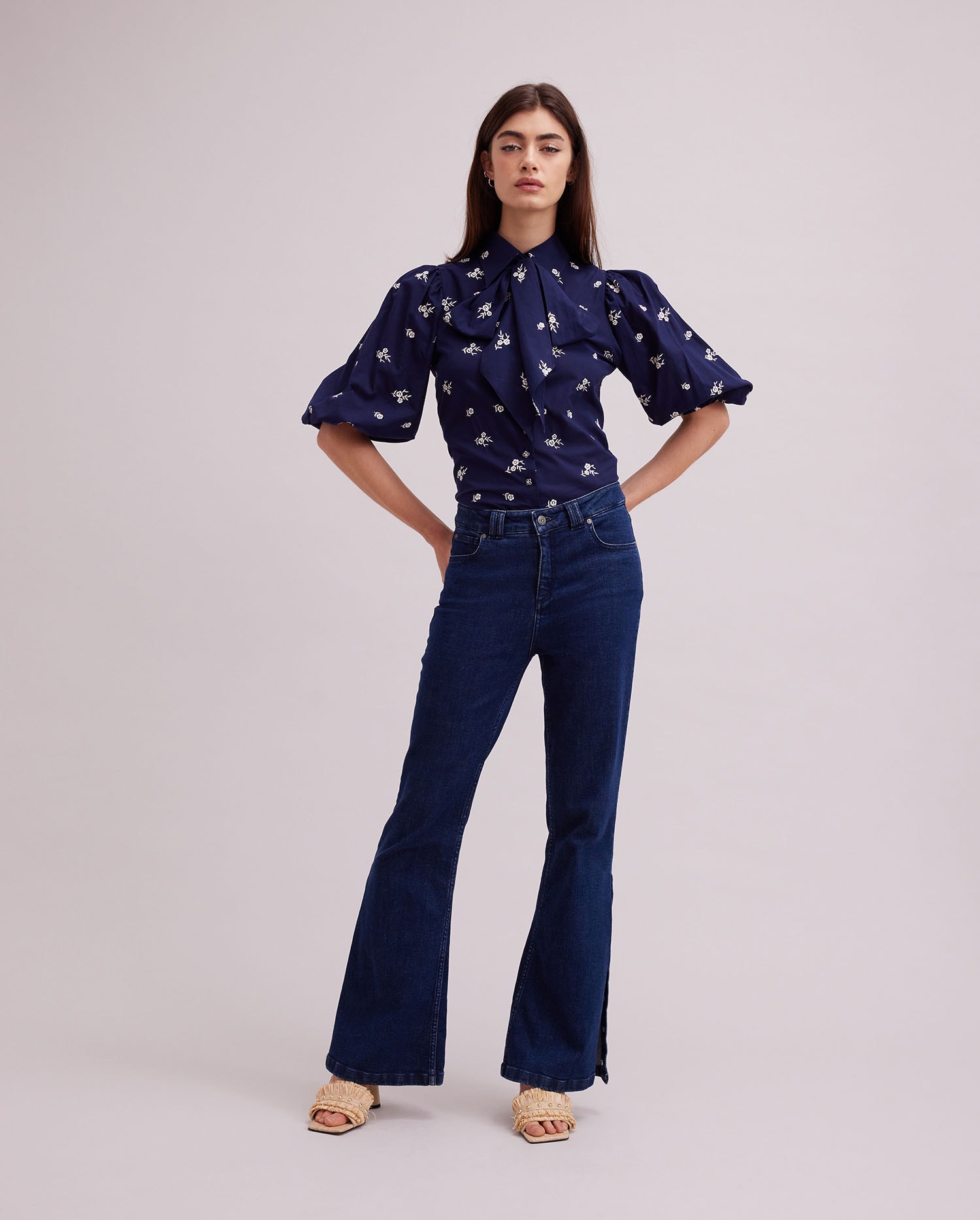 Discover the ARGILE Navy Elbow-Length Sleeve Shirt With Allover White Floral Embroidery