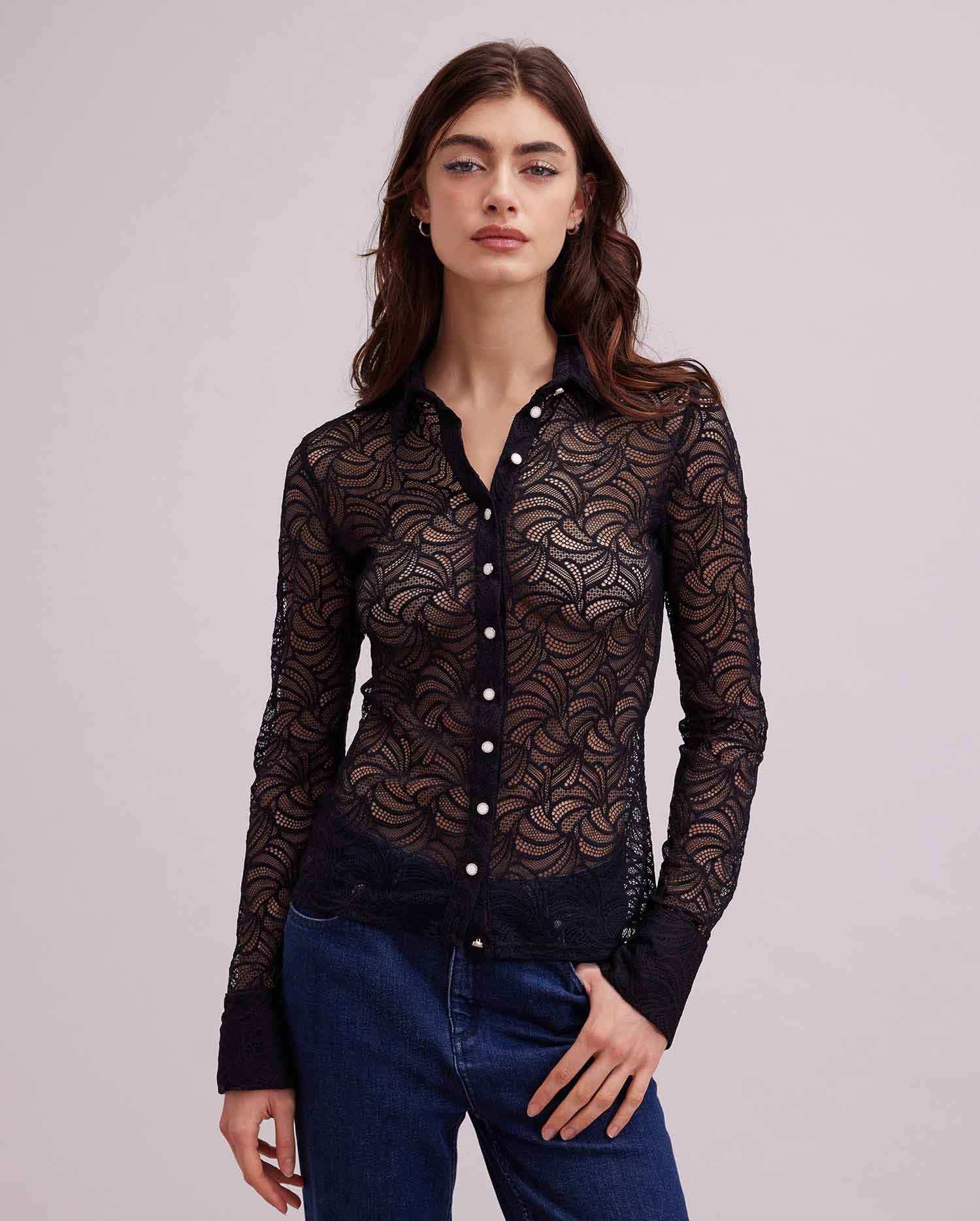 Discover the ATELIER Long Sleeve Lace Button Down Shirt