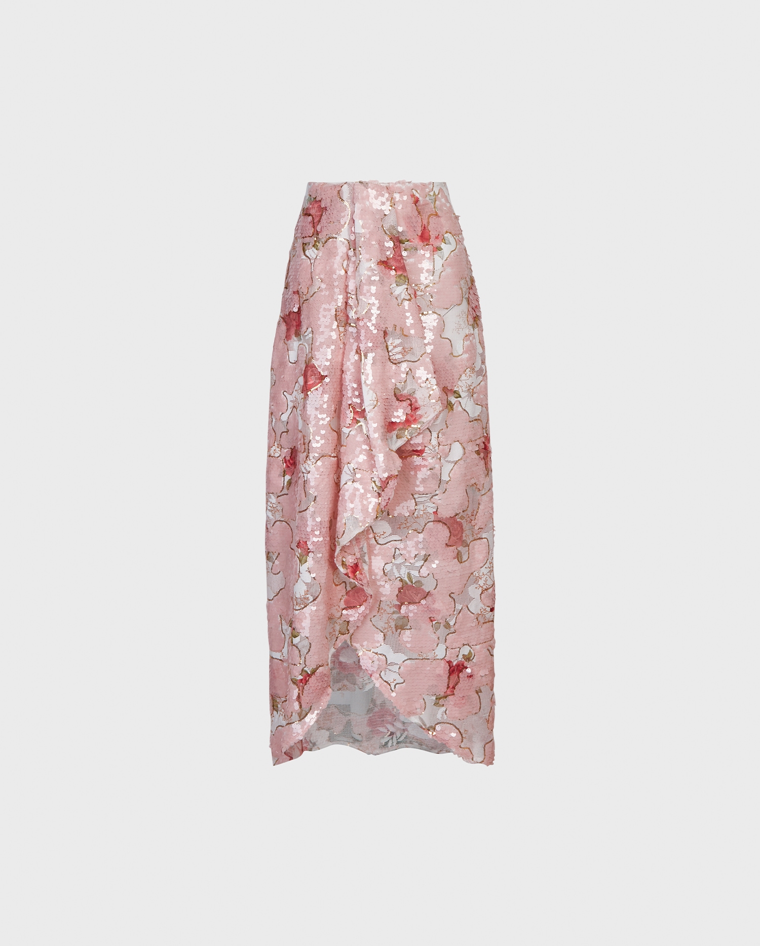 Discover the ANIS Pink and Gold Sequin Rose Pattern Sarong Style Skirt With Cascading Ruffle