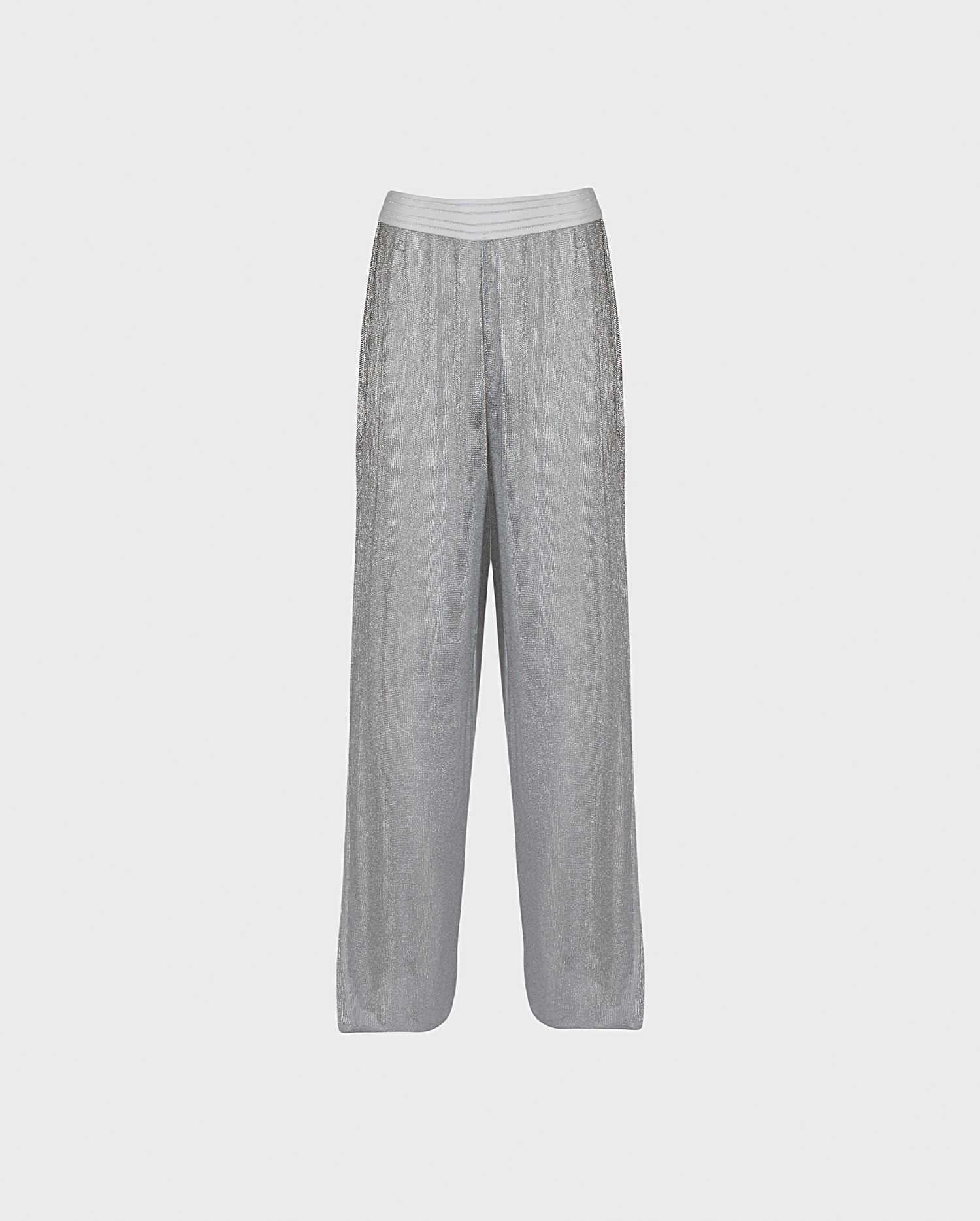 Discover the AUDACIEUSE Silver Metallic High Slit Knit Pant from designer ANNE FONTAINE