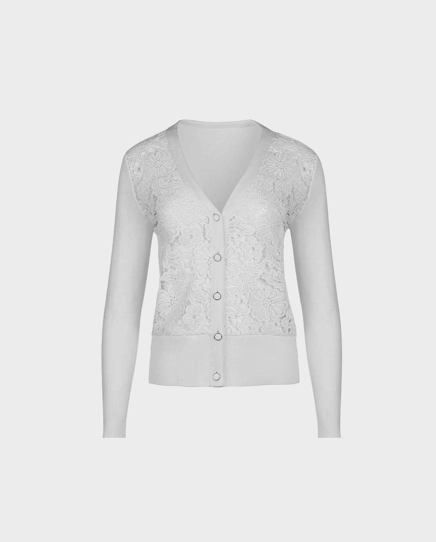 Discover the AZALEE White Long Sleeve Floral Lace Cardigan With Ribbed Knit Trims