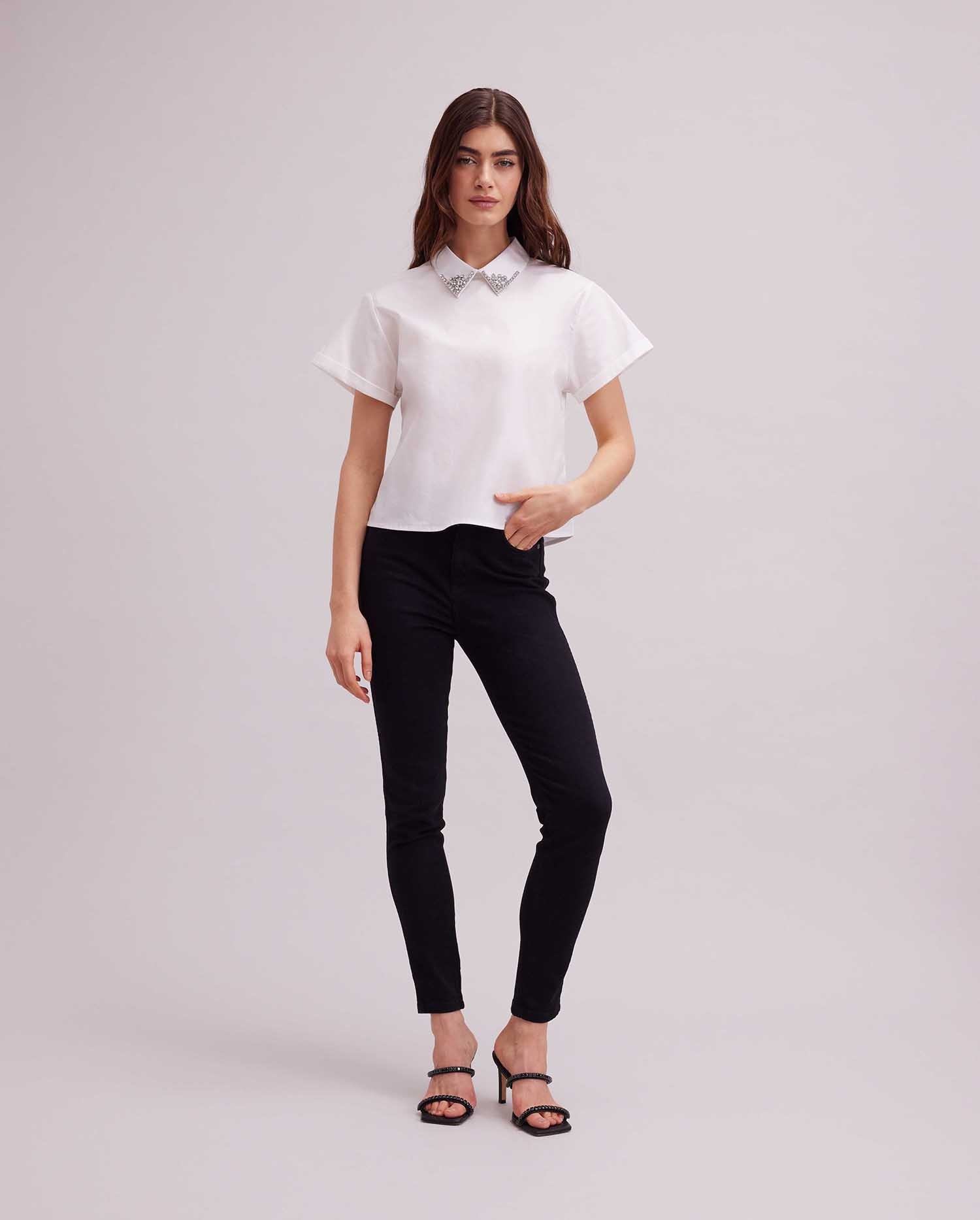 Discover the BASTIDE short sleeve crystal collared blouse