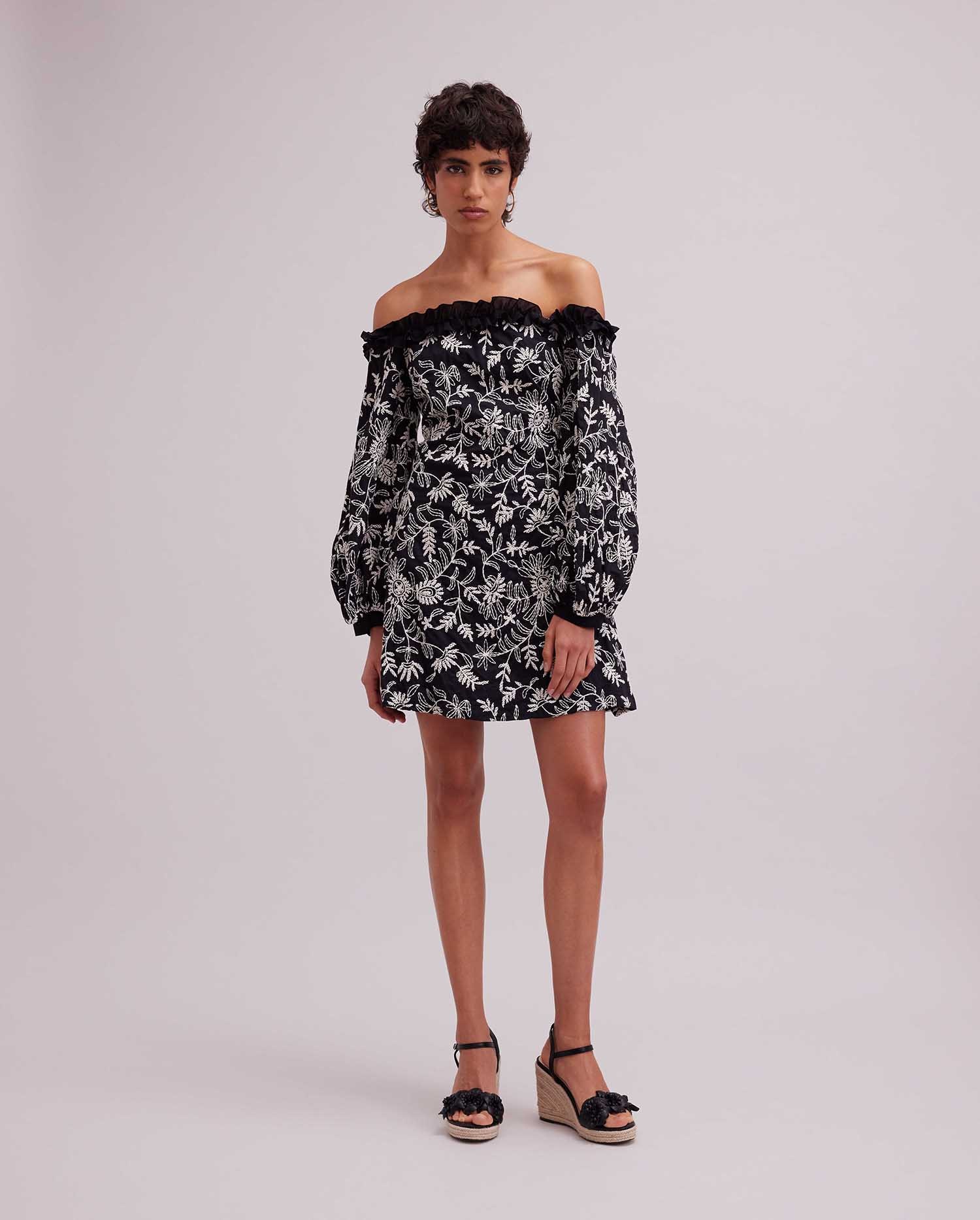 Discover the CIGALE Black and White Floral off the Shoulder Mini Dress