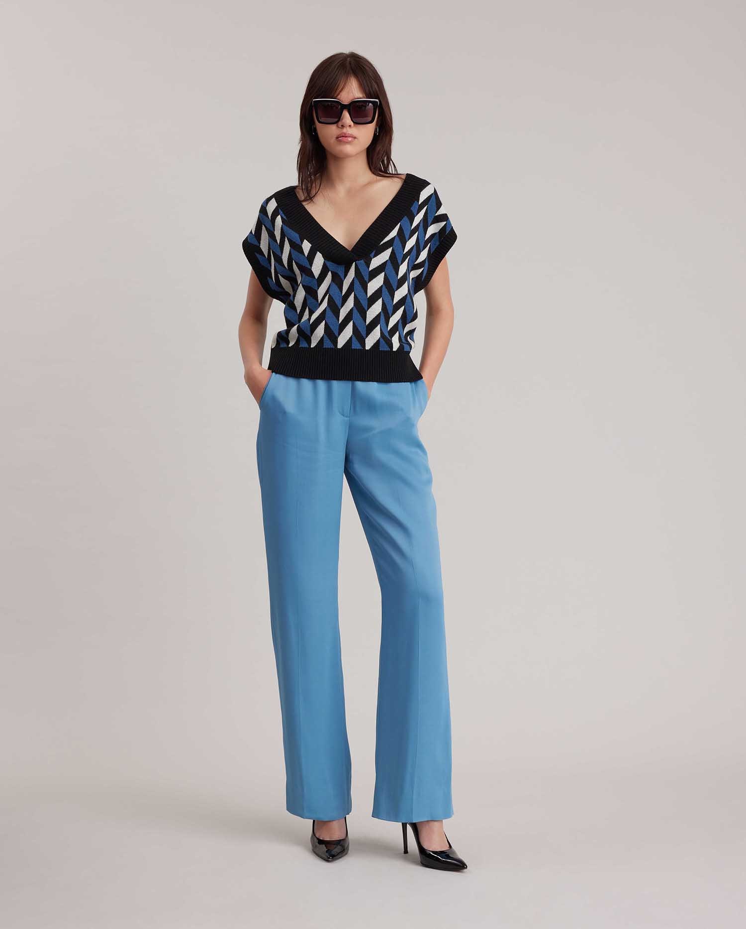 Discover the COLTRANE Cap Sleeve Knit Sweater Vest with Blue and White Striped Pattern