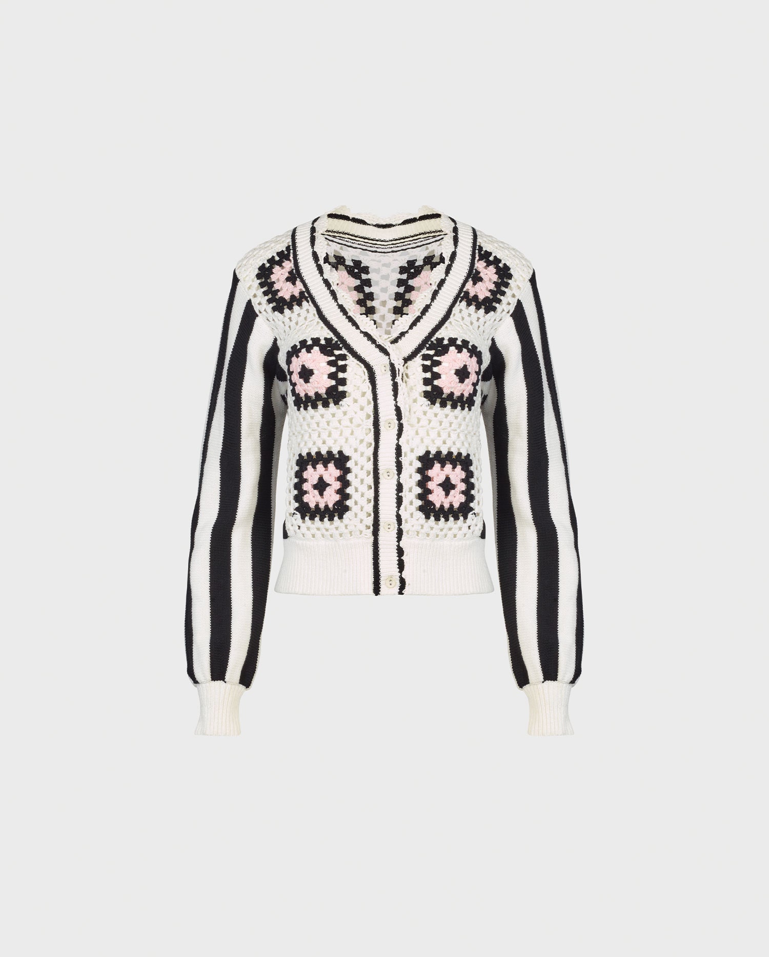 Discover the CUBISME Black and White Crochet Knit Cardigan With Geometric Pattern