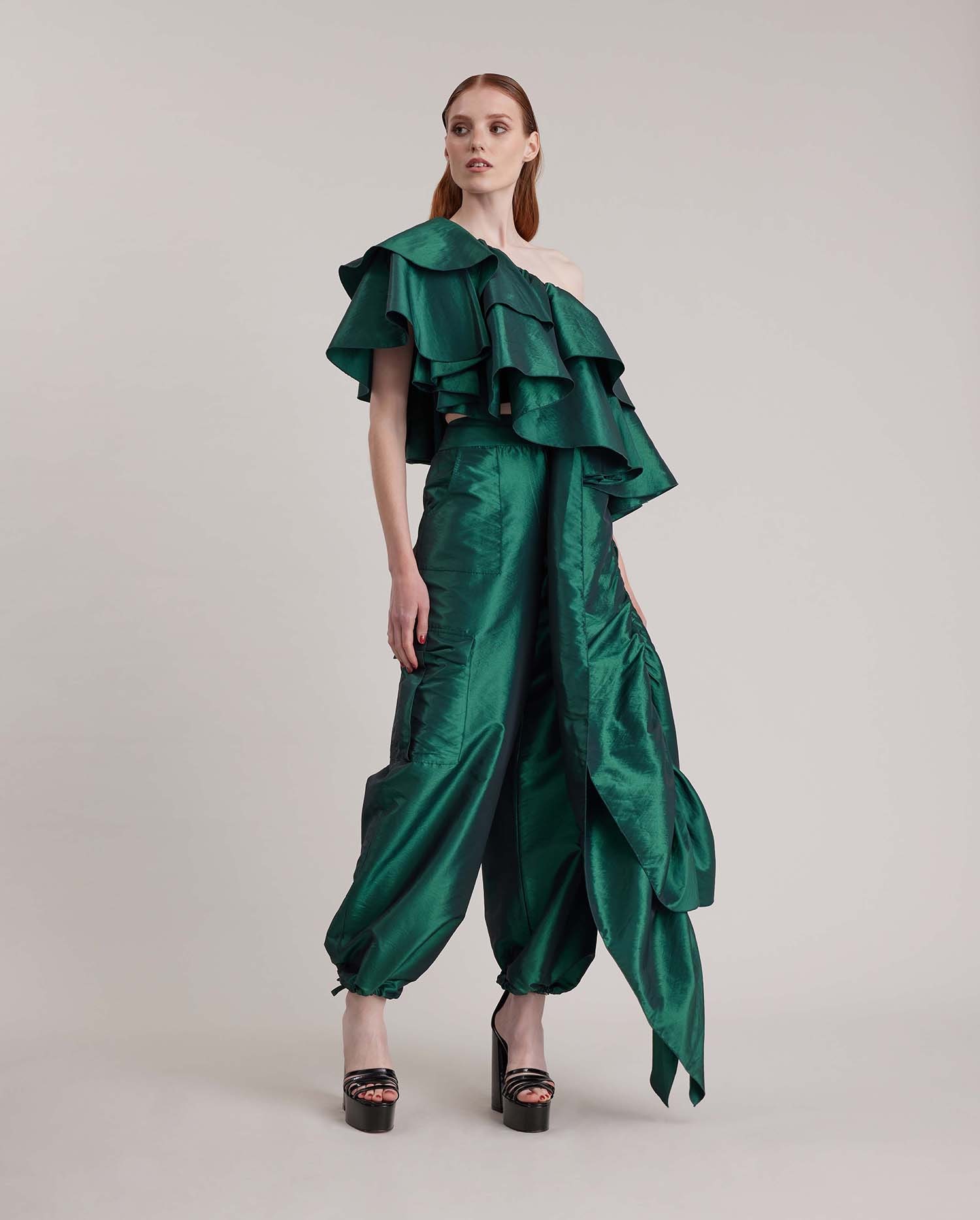 Discover the EGERIE Emerald Green Off the Shoulder the Blouse with Cascading Floor-Length Ruffles