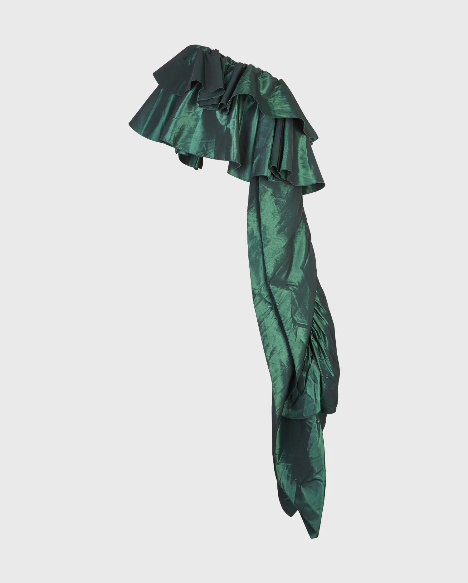 Discover the EGERIE Emerald Green Off the Shoulder the Blouse with Cascading Floor-Length Ruffles