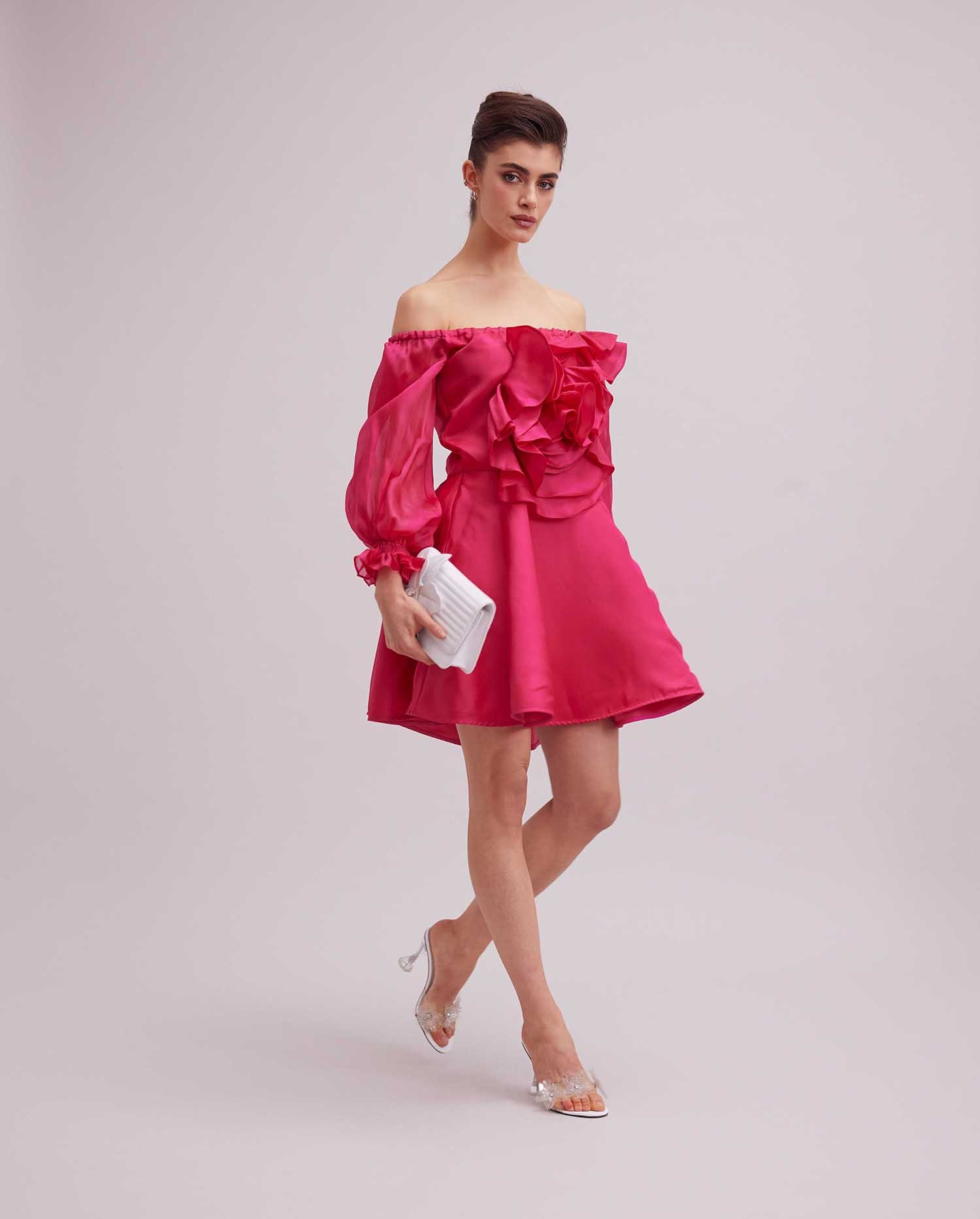 Discover the FLORALIE Fuchsia Off-the-Shoulder Silk Organza Dress With Large 3D Rose 