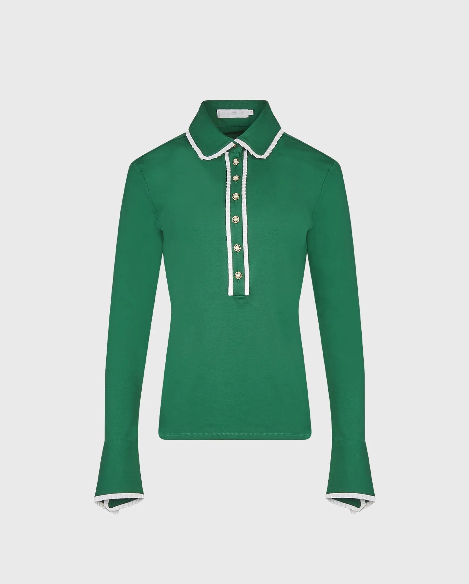 Discover the FAUSTINE Green Long Sleeve Shirt with White Ruffle Detail Trims and Pearl Buttons
