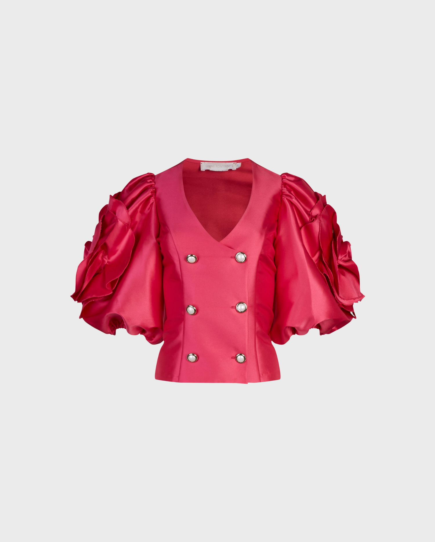 Discover the FAUVISME Fuchsia Satin Jacket With Pearl Buttons and Large 3D Rose Sleeve Details