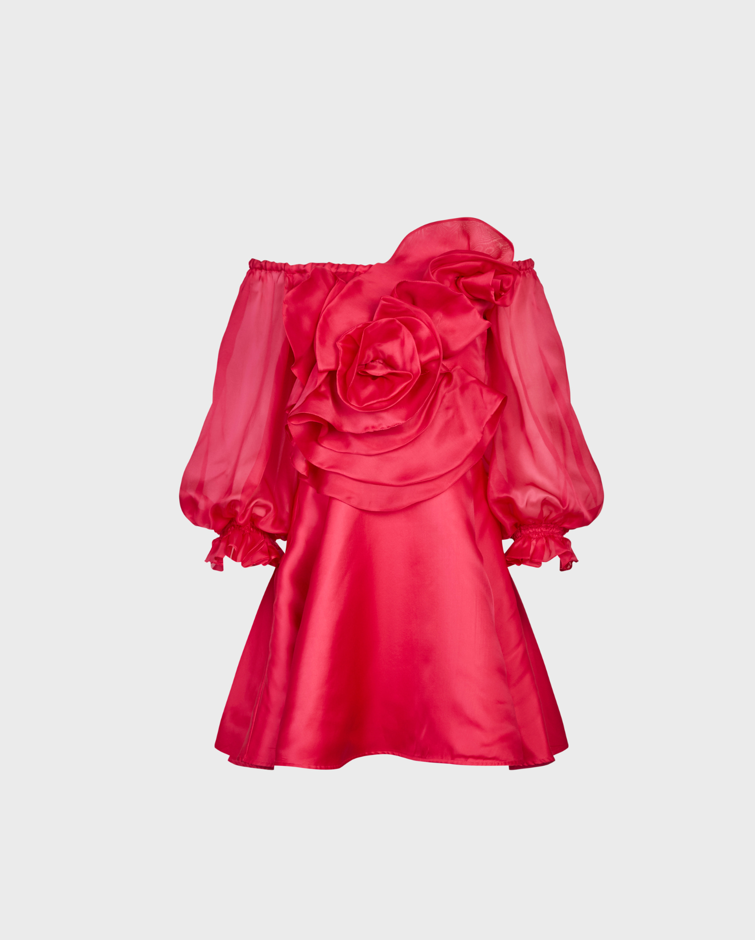 Discover the FLORALIE Fuchsia Off-the-Shoulder Silk Organza Dress With Large 3D Rose 