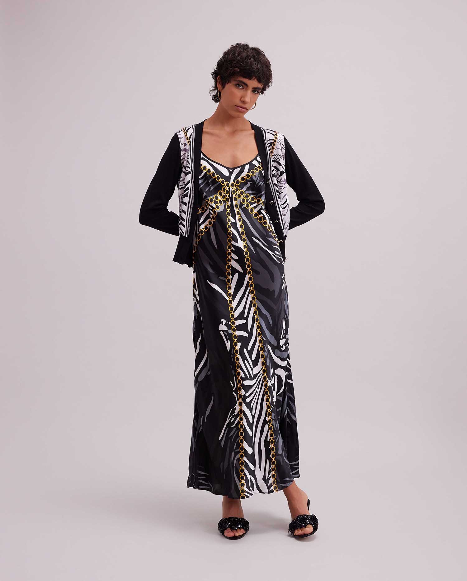 Black Maxi Silk Slip Dress With Zebra Design