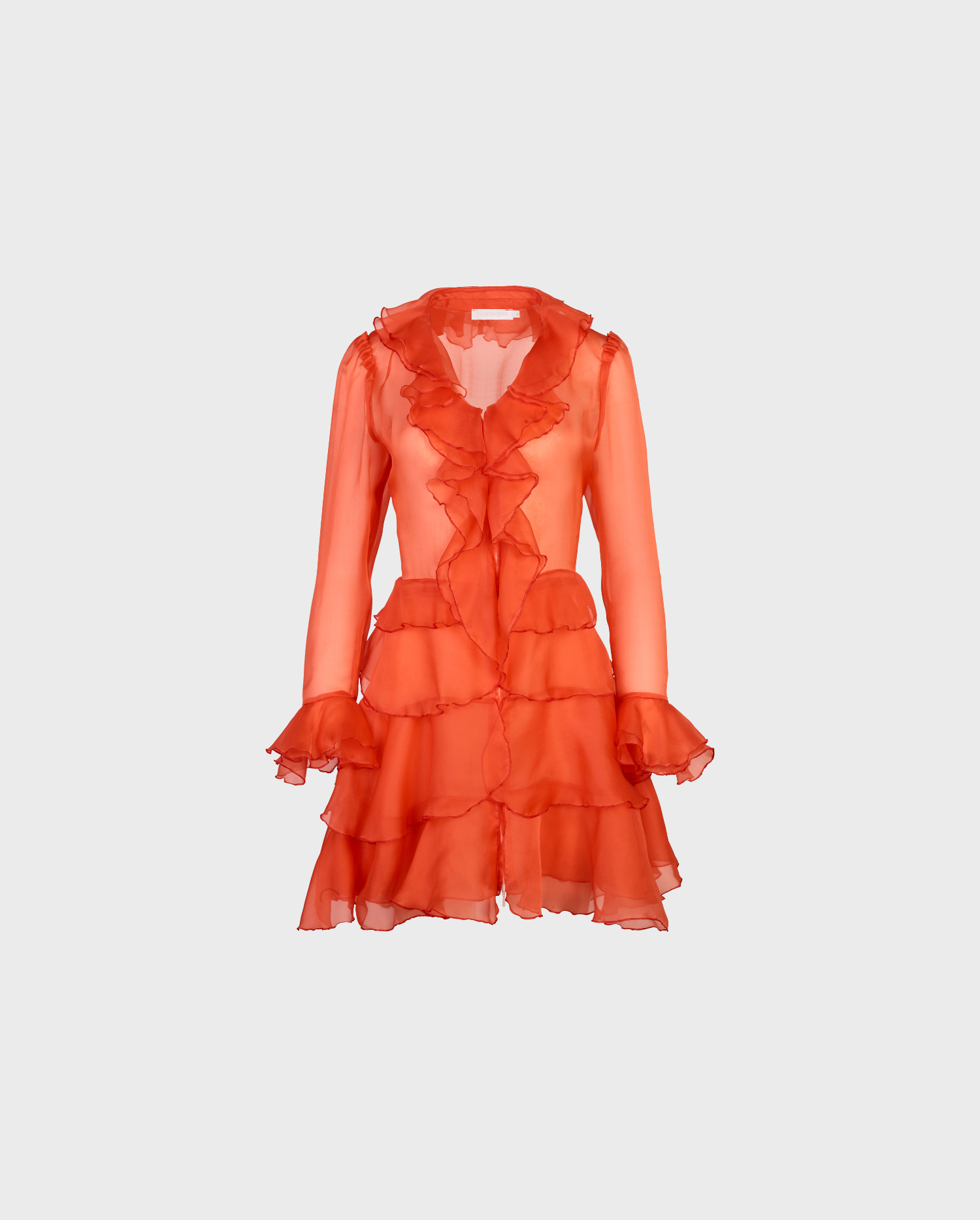 Discover the LAVANDE Orange Long Sleeve Silk Organza Shirt Dress With Ruffle Details