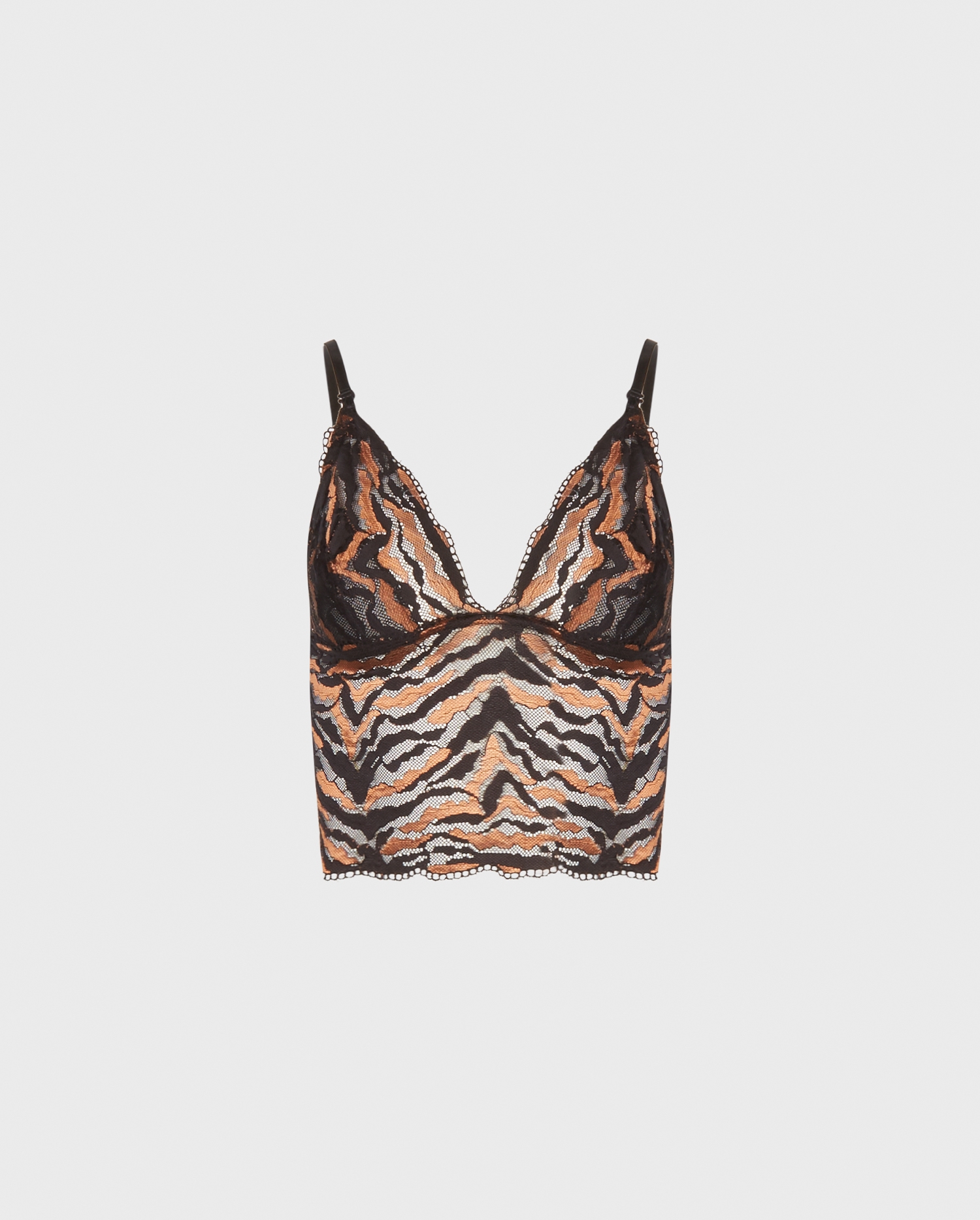 Discover the MARA Black and Gold Tiger Print Longline Lace Bralette With Adjustable Straps