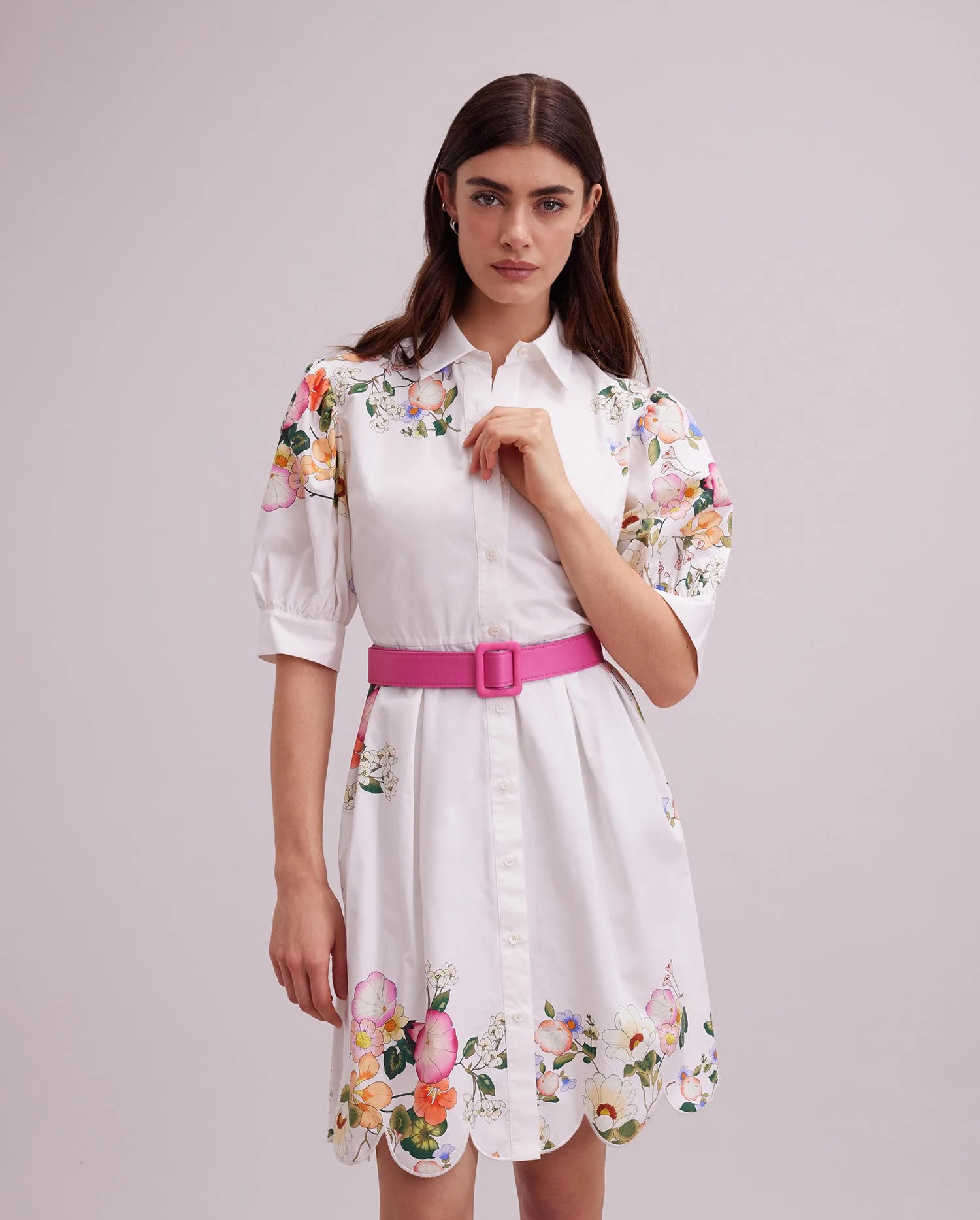Discover the MIMOSA white shirt dress with floral embellishment from ANNE FONTAINE