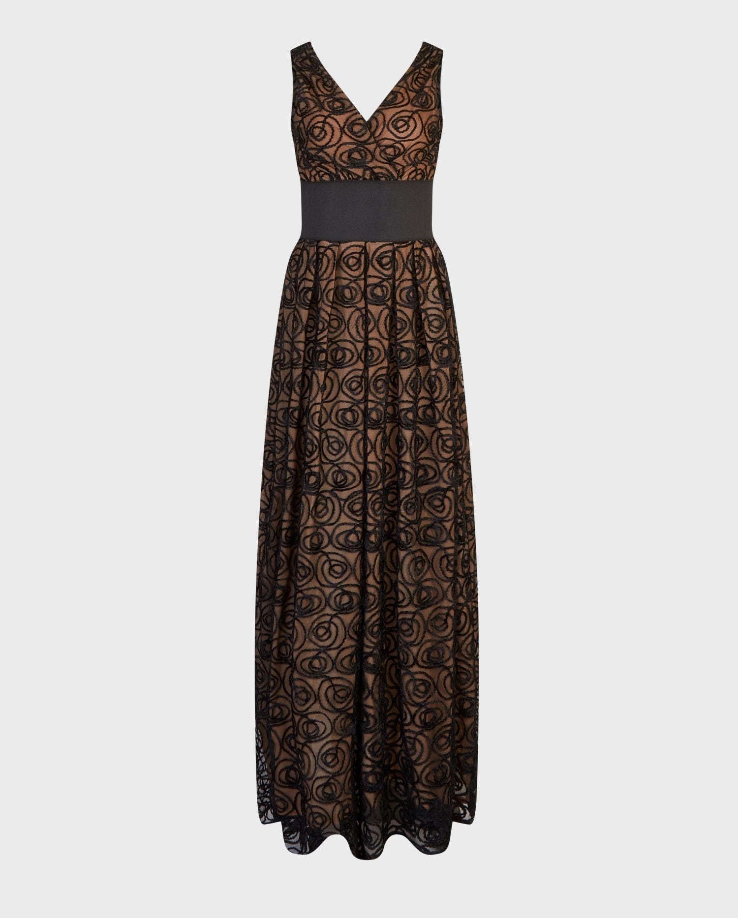 Discover the MUSE Sleeveless Sheer Dress With Black Net Overlay Embroidered With Velvet Roses