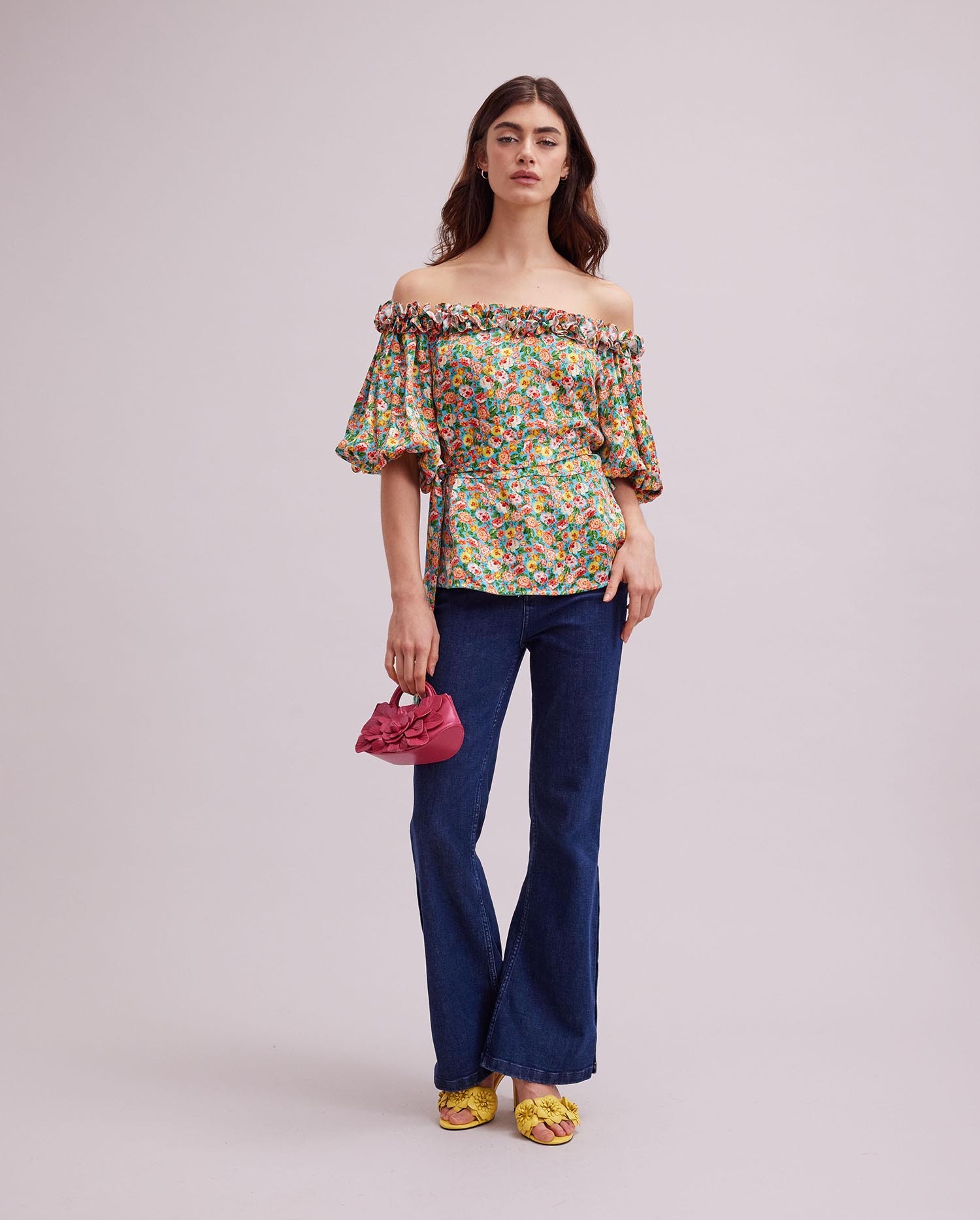 Discover the ORANGER off the shoulder blouse with allover multi color print from ANNE FONTAINE