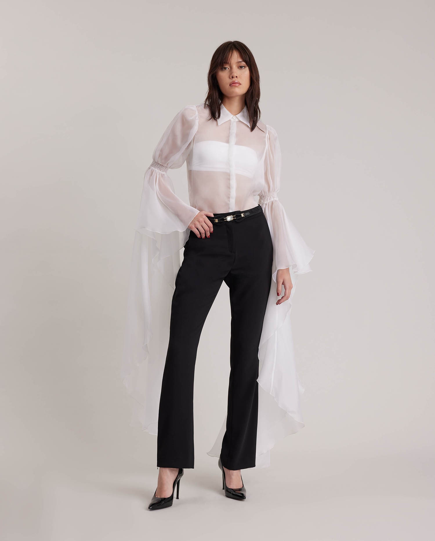 Discover the PARIS White Sheer Silk Collared Blouse With Button Placket