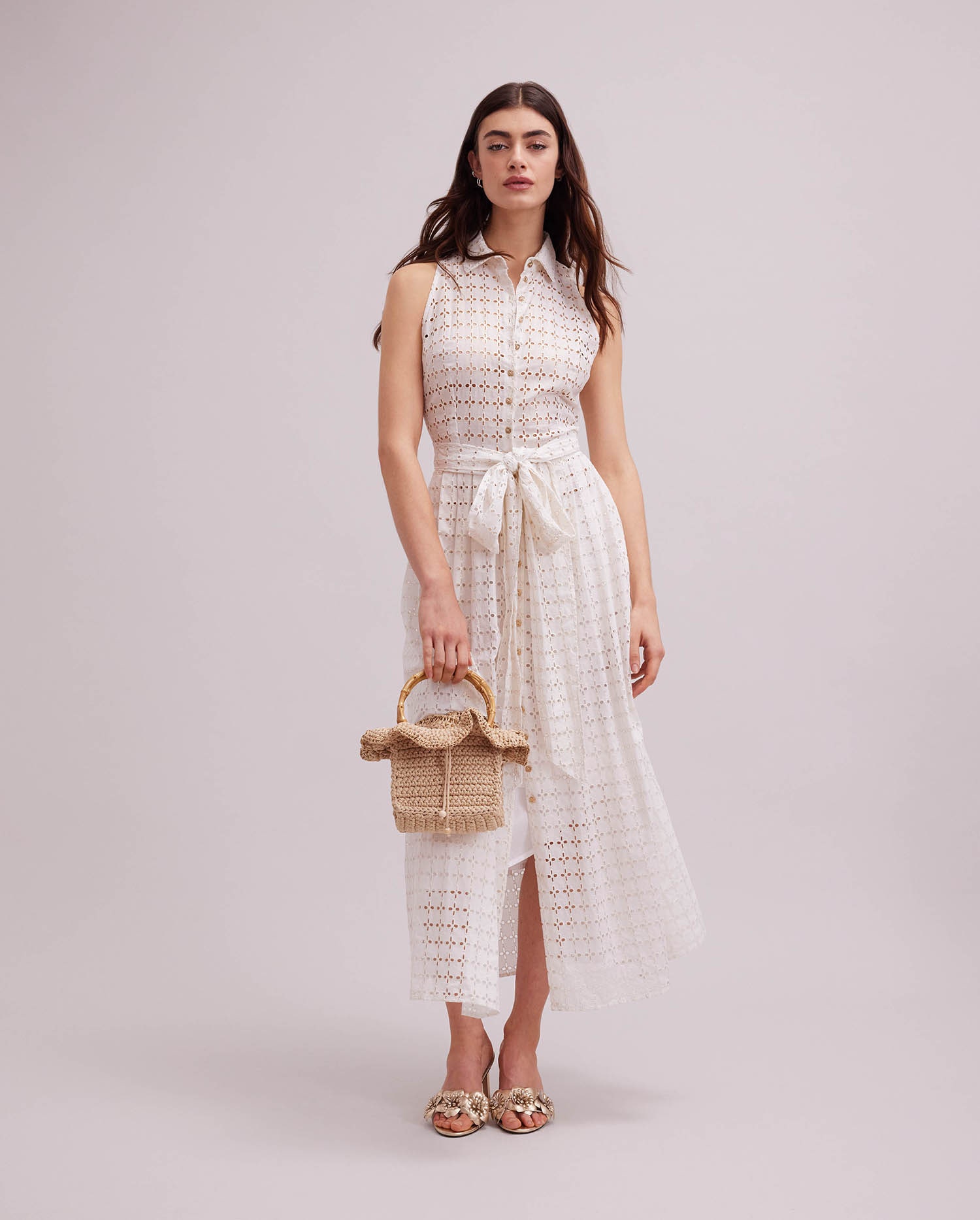 Discover the PICTURAL Long Cream Embroidered Eyelet Sleeveless Shirt Dress With Waist Belt