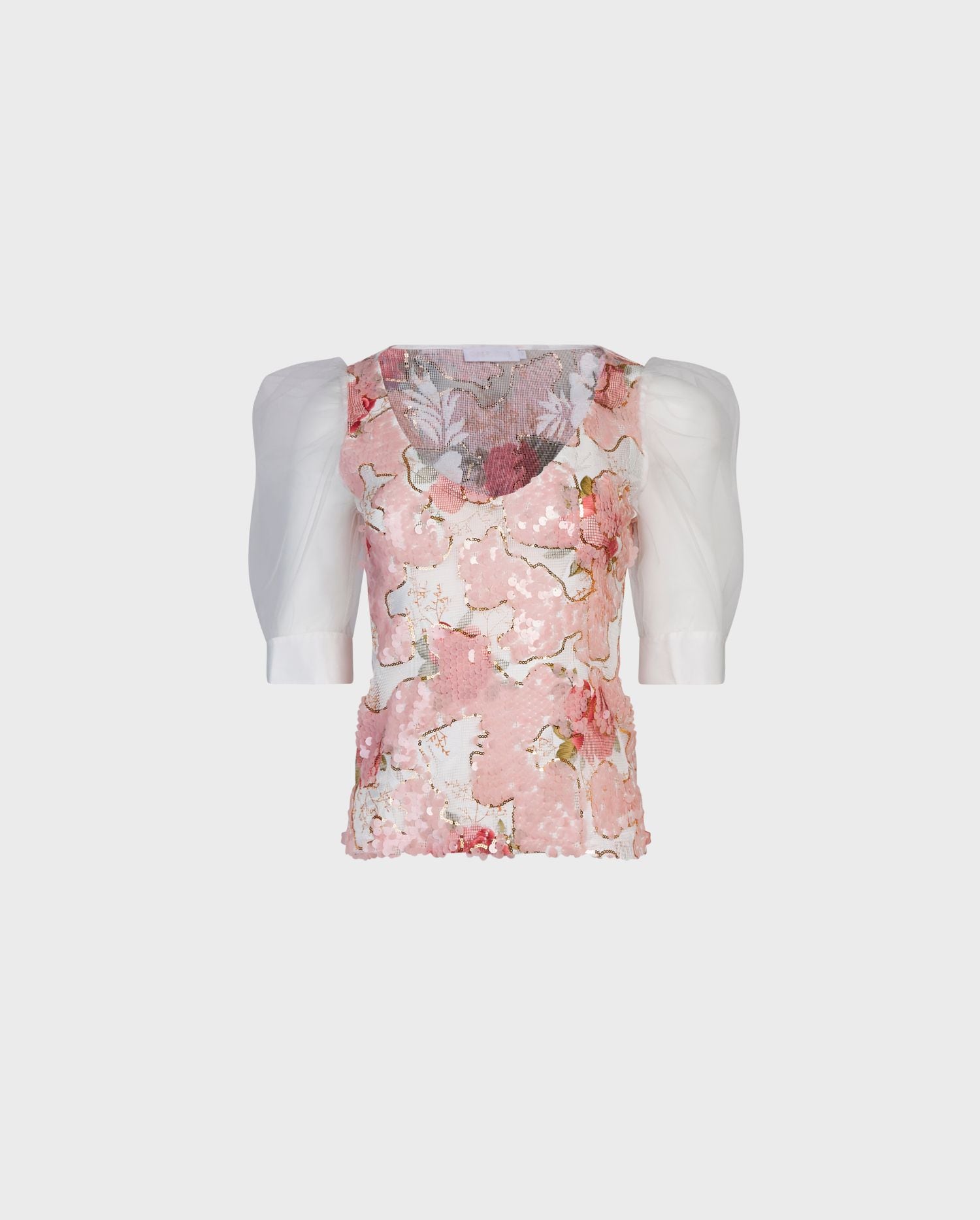 Discover the ROSEA Pink and White Rose Sequin Top with Short Mesh Puff Sleeves