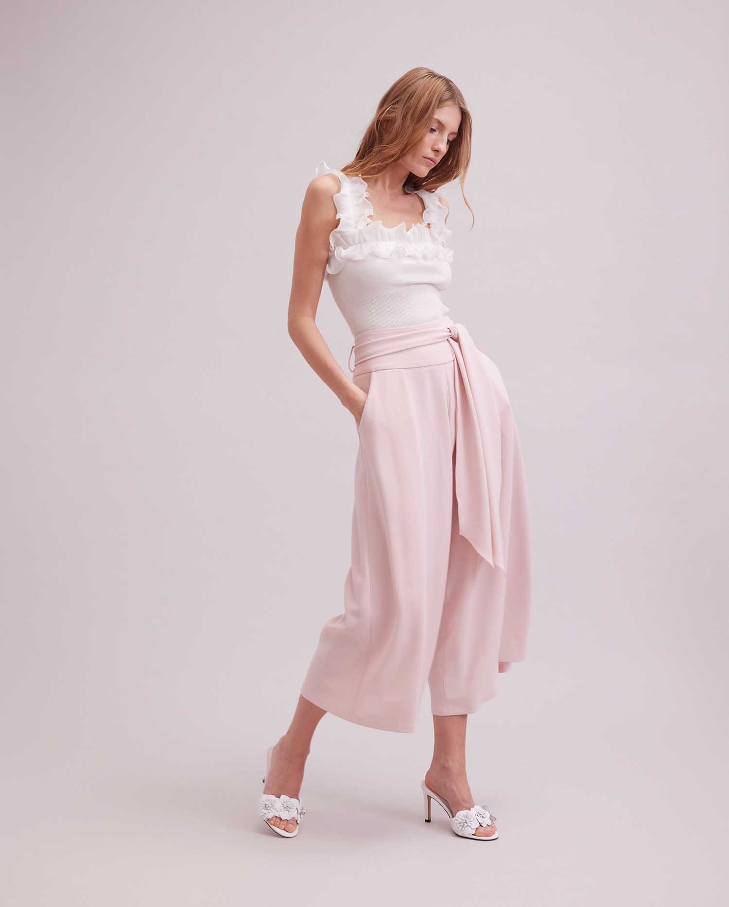 Discover the ROSERAIE Pink Wide Leg Cropped Pant With Tie Belt