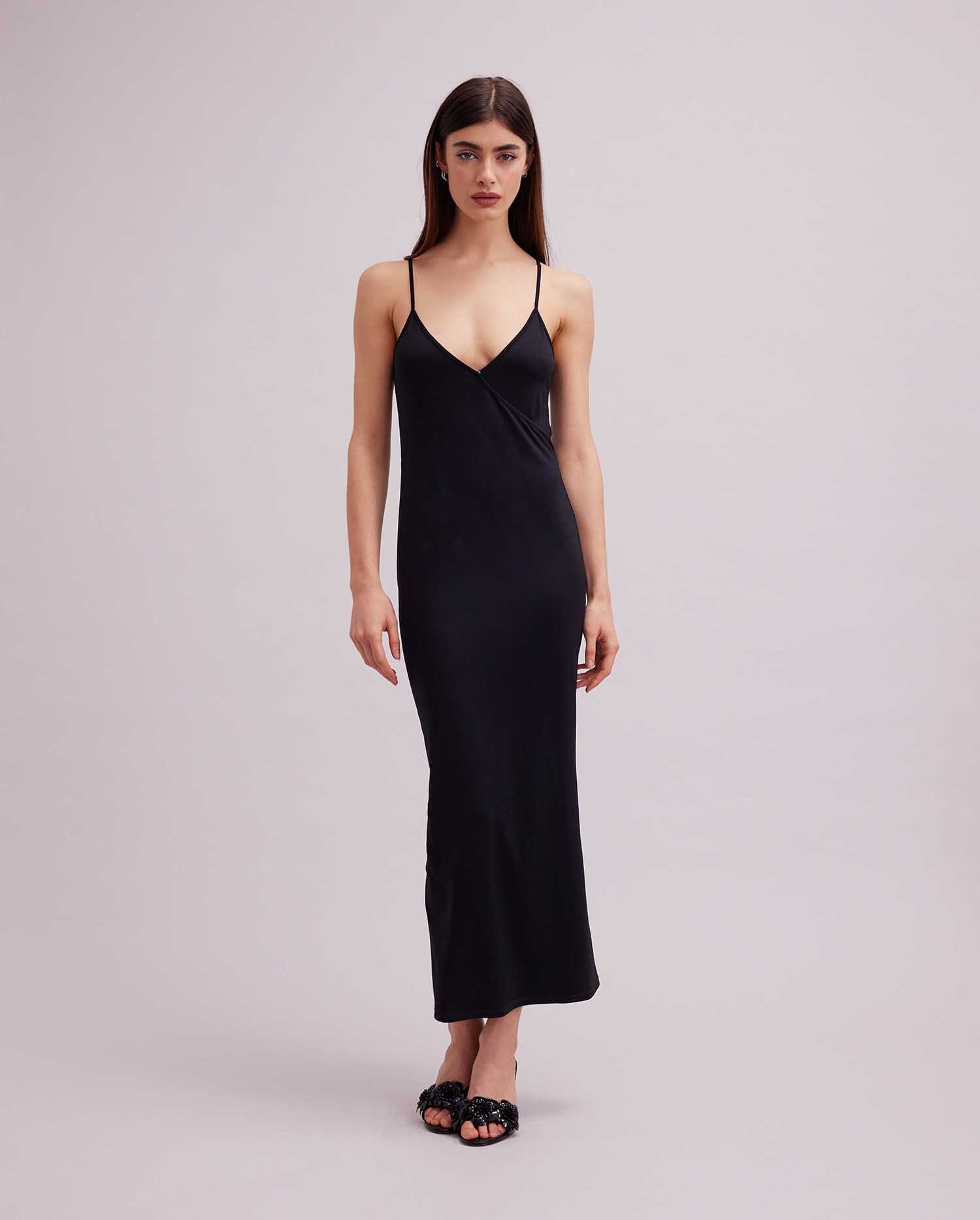 Discover The SANDYA long black maxi dress with thin straps from ANNE FONTAINE