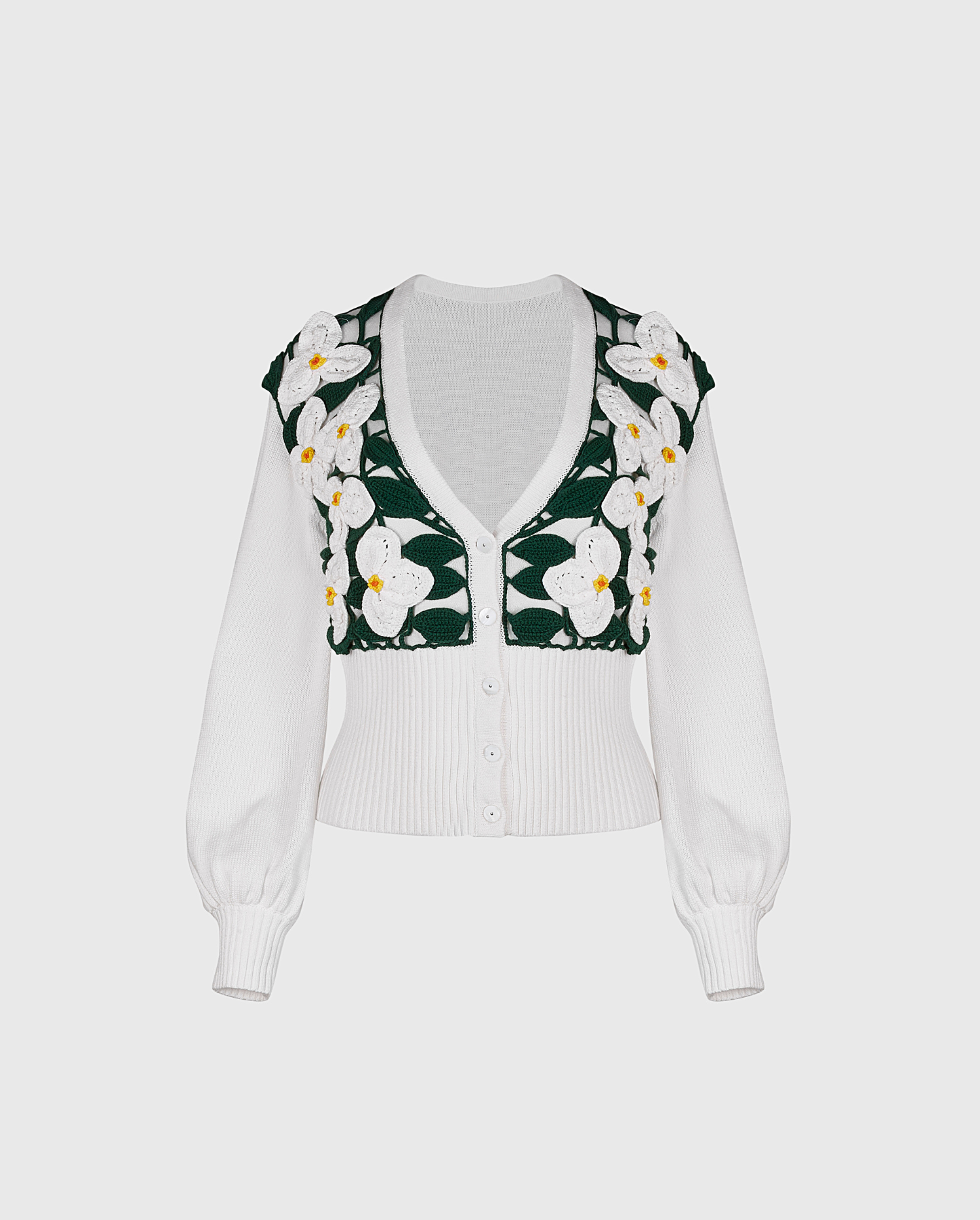 Discover the SAUGE Crochet Cardigan With White And Yellow Flowers With Green Leaves