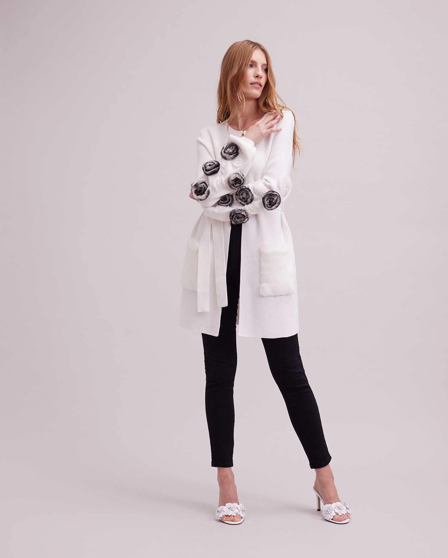 Discover the SHADA White Waffle Knit Cardigan With Blouson Sleeves and Floral Detailing