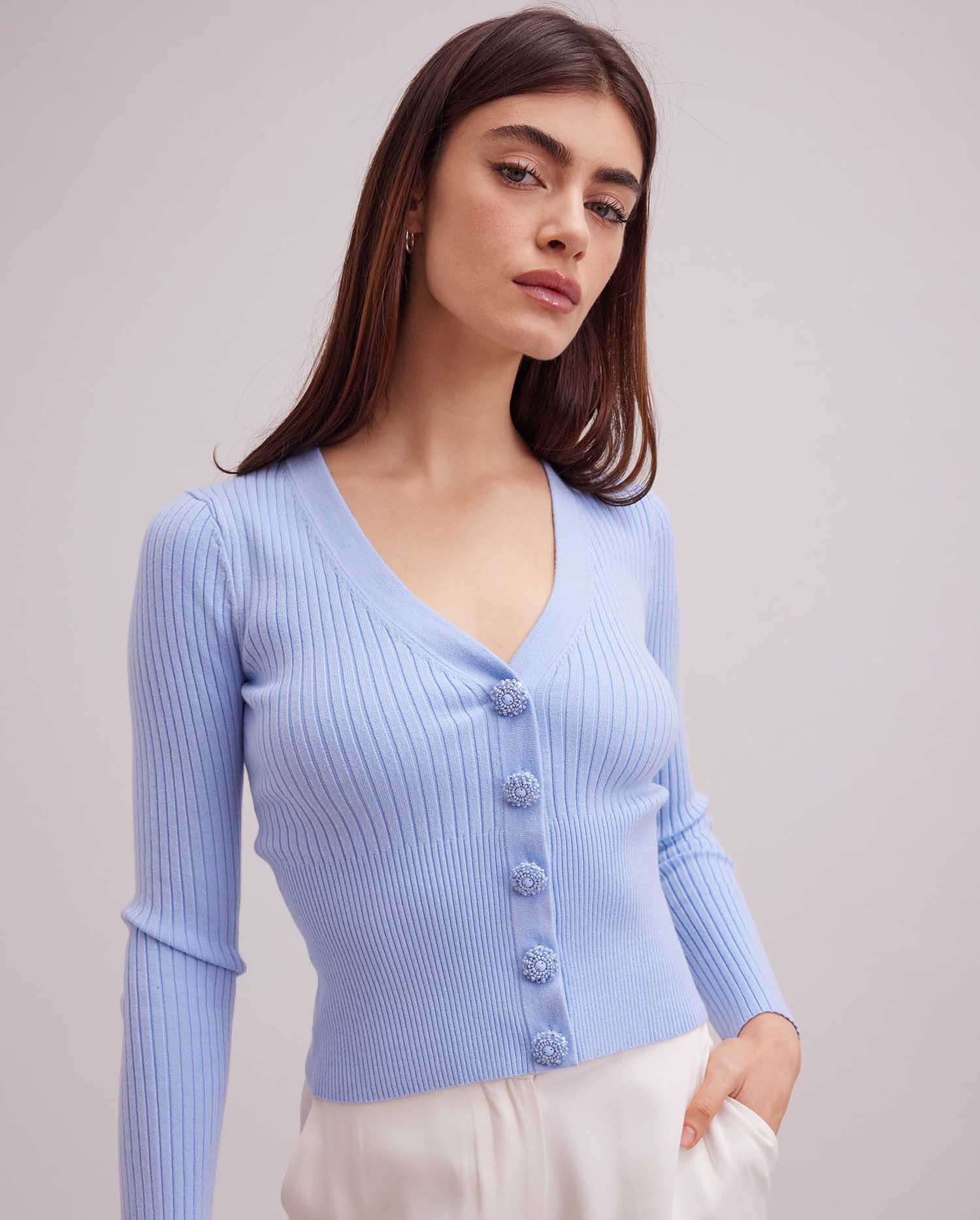 Discover the SOLFEGE Long Sleeve Cropped Light Blue Cardigan