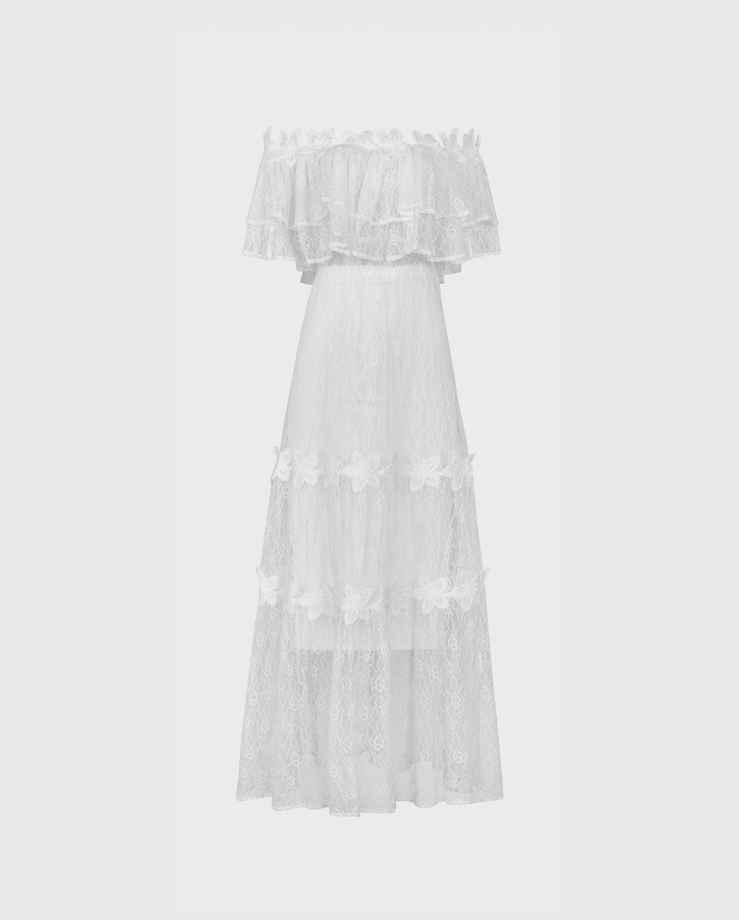 Discover the ALOHA White Off the Shoulder Lace Maxi Dress with Lace Flower Details from ANNE FONTAINE