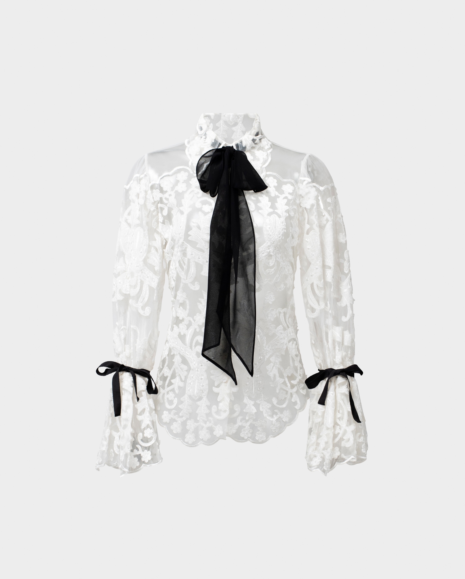 Discover The ARABESQUE Semi-sheer White Embroidered Lace Shirt With Removable Ties from ANNE FONTAINE