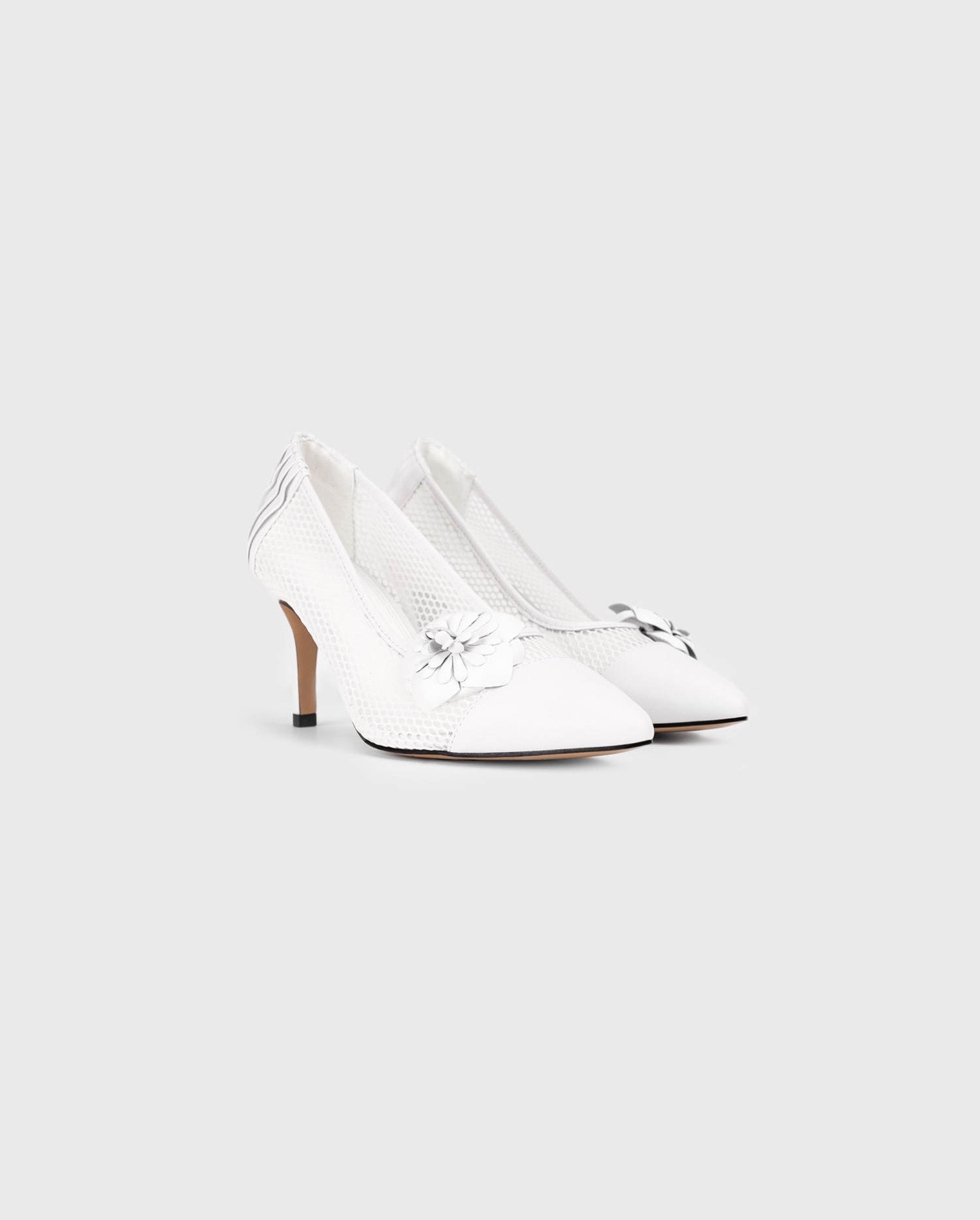 Discover the BASILIA white mesh heels with flowers from designer ANNE FONTAINE