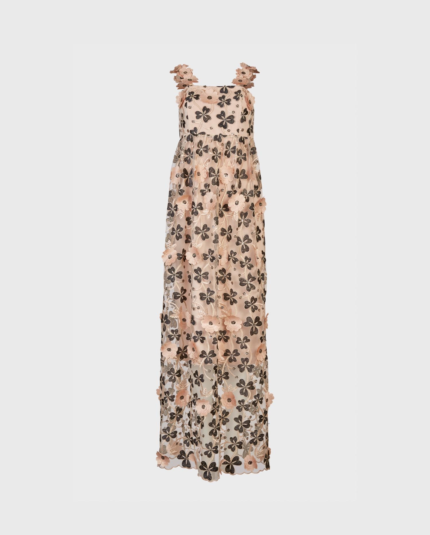 Discover the BELHARRA Long Semi-Sheer Beige Dress With Black And Gold 3D Floral Appliques