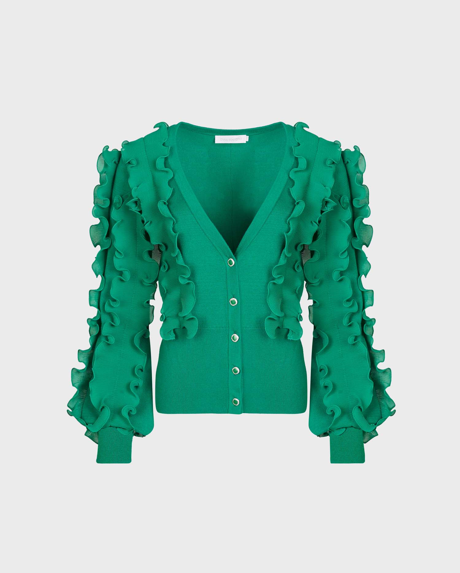 Discover the CILINE Long Sleeve Mint Green Cardigan With Ruffles and Deep V-Neckline