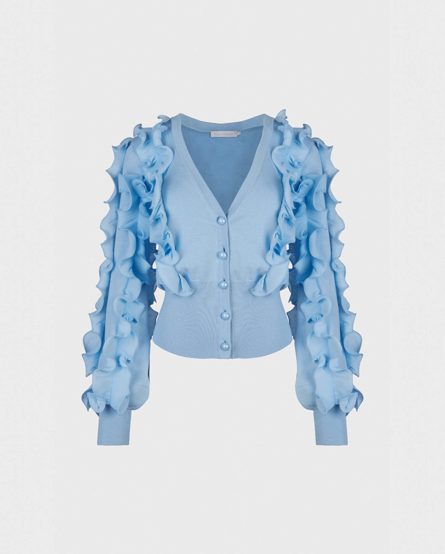 Discover the CILINE Long Sleeve Blue Ruffle Covered Cardigan With Deep V-Neckline from ANNE FONTAINE