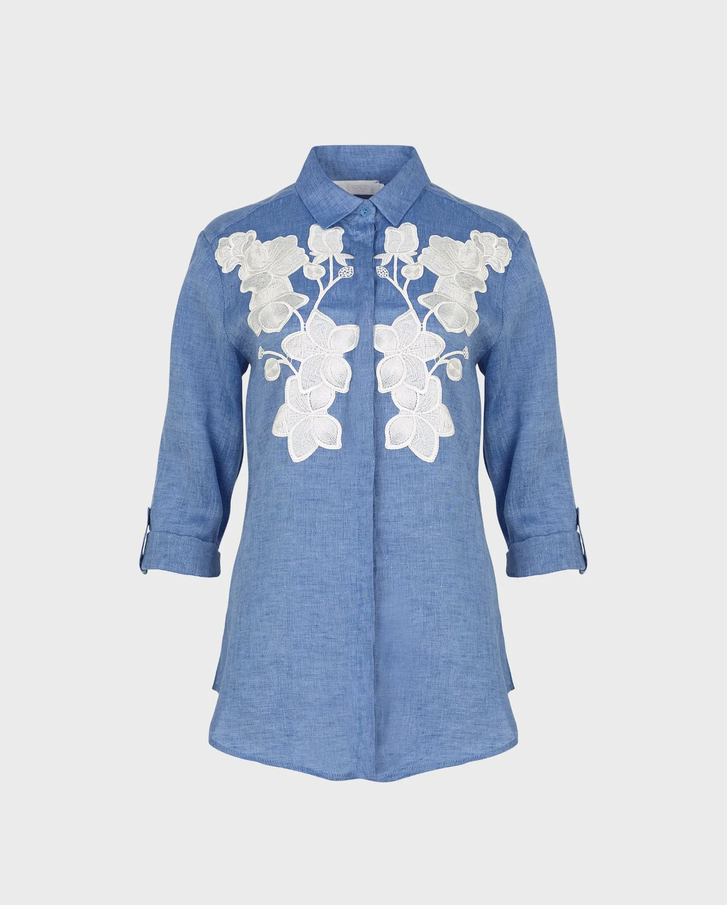 Discover the CITRON Blue Linen Shirt With White Floral Applique from ANNE FONTAINE