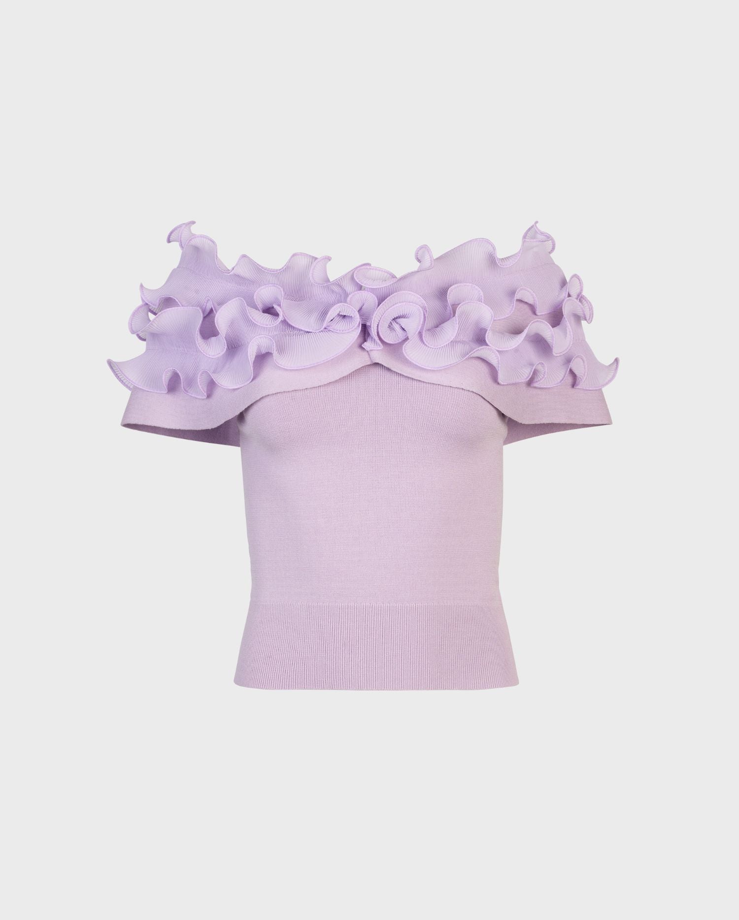 Lavender Off the Shoulder Top With Micro-Pleated Ruffle Trim