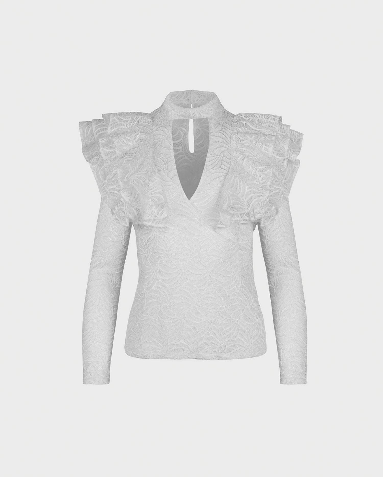 White Lace Faux Wrap Shirt With Mock Neck