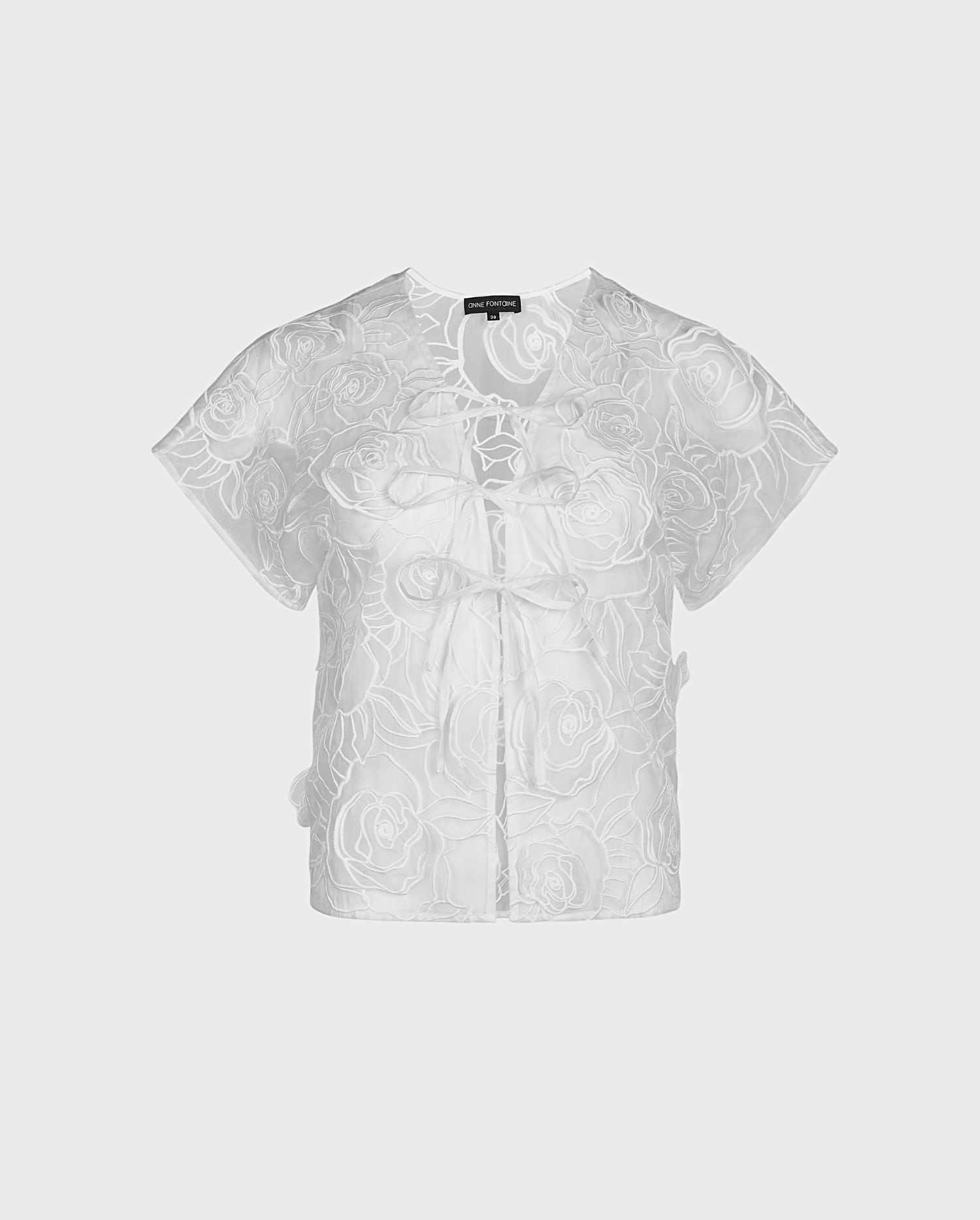 White Sheer Open-Front Blouse With 3D Floral Rosettes