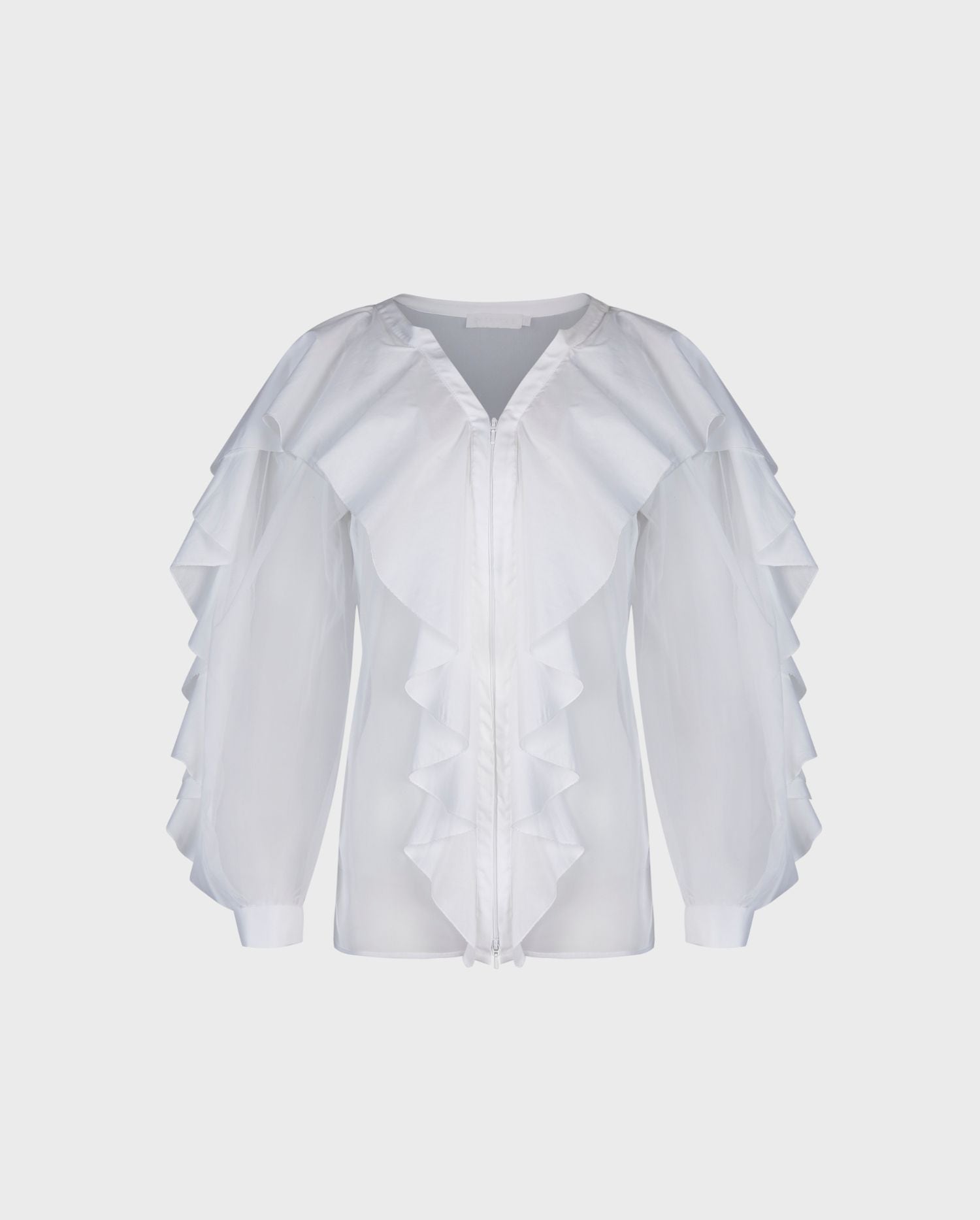 Discover the GALERIE White Sheer Net Shirt With Cascading Ruffle Details from ANNE FONTAINE