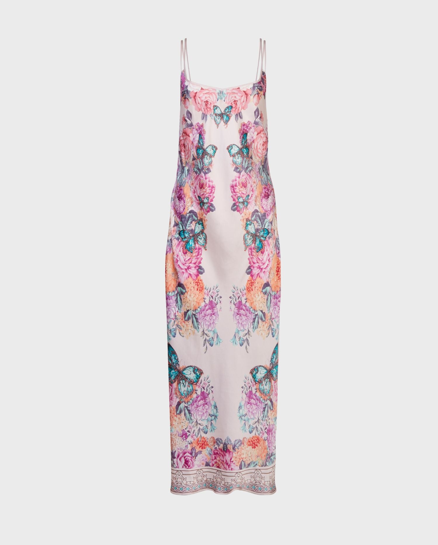 Discover the HAITZA silk slip dress in pink with colorful floral and butterfly designs from designer ANNE FONTAINE