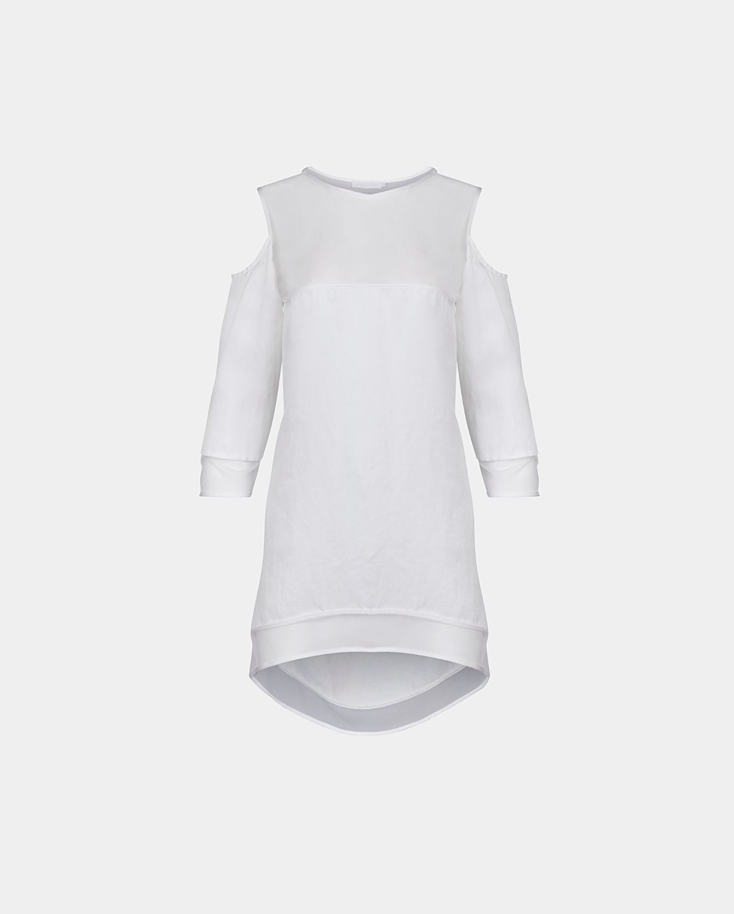 Discover the MUSEE White Cold Shoulder 3/4 Sleeve Tunic Linen Blouse With Mesh Inserts