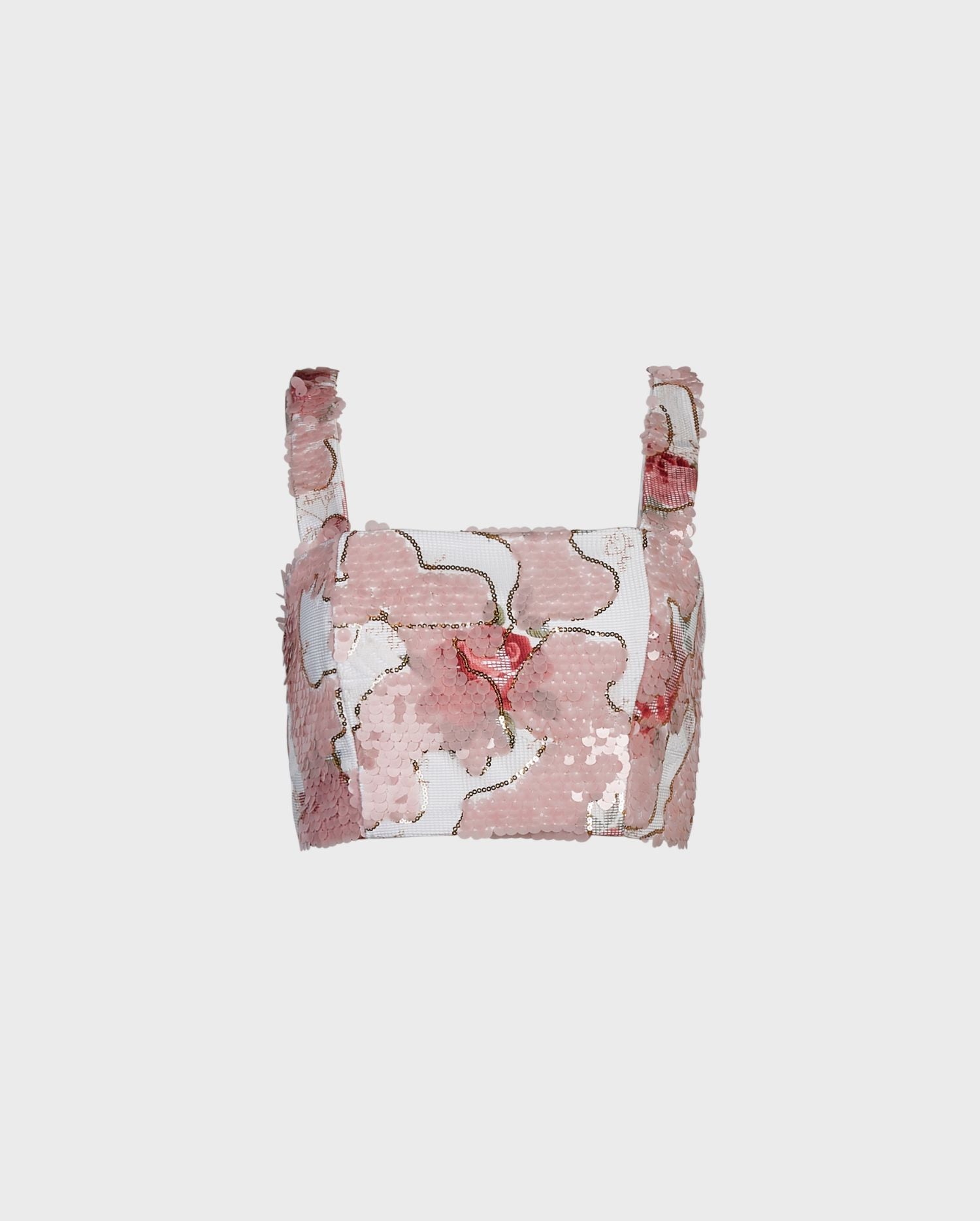 Discover the NICE Pink and White Embroidered Sequin Rose Pattern Crop Top