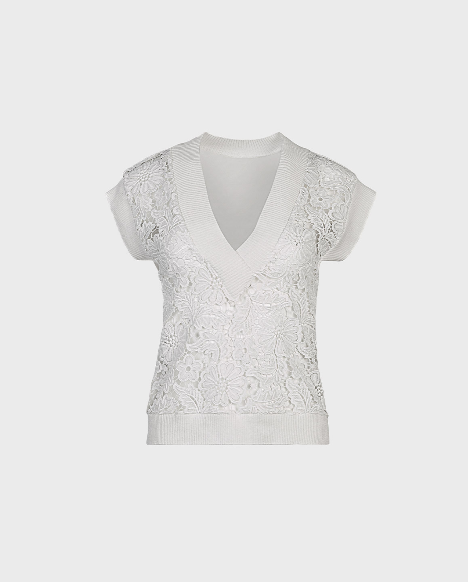 Discover the OMBELLE White Sleeveless Unlined Floral Lace Vest With Ribbed Knit Trims from ANNE FONTAINE