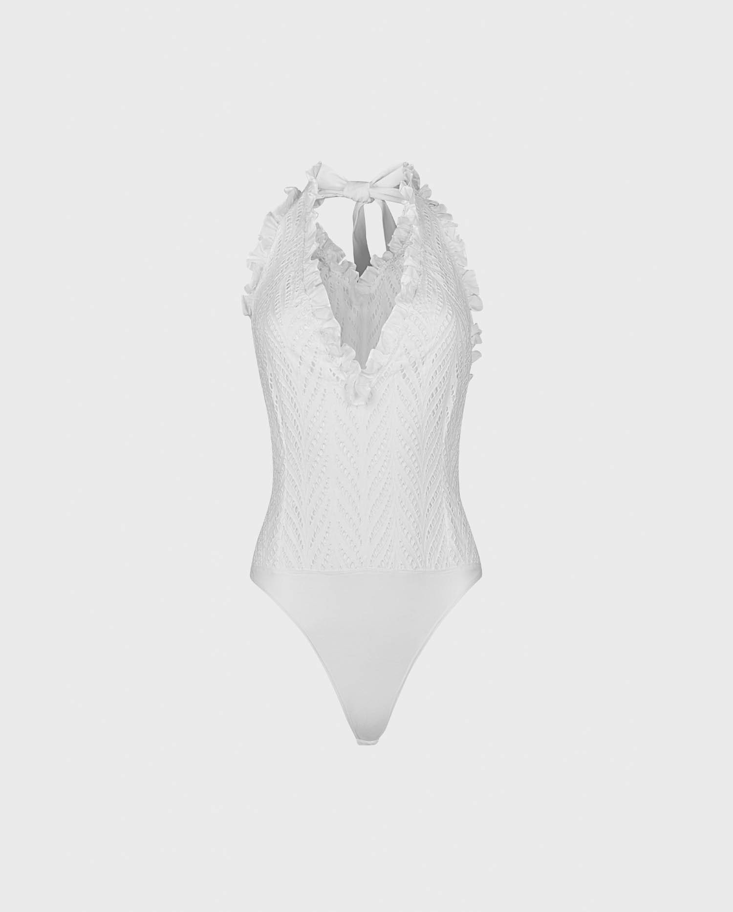 Discover the ONA White V-neck Open-back Eyelet Bodysuit With Ruffle Trim and Long Straps