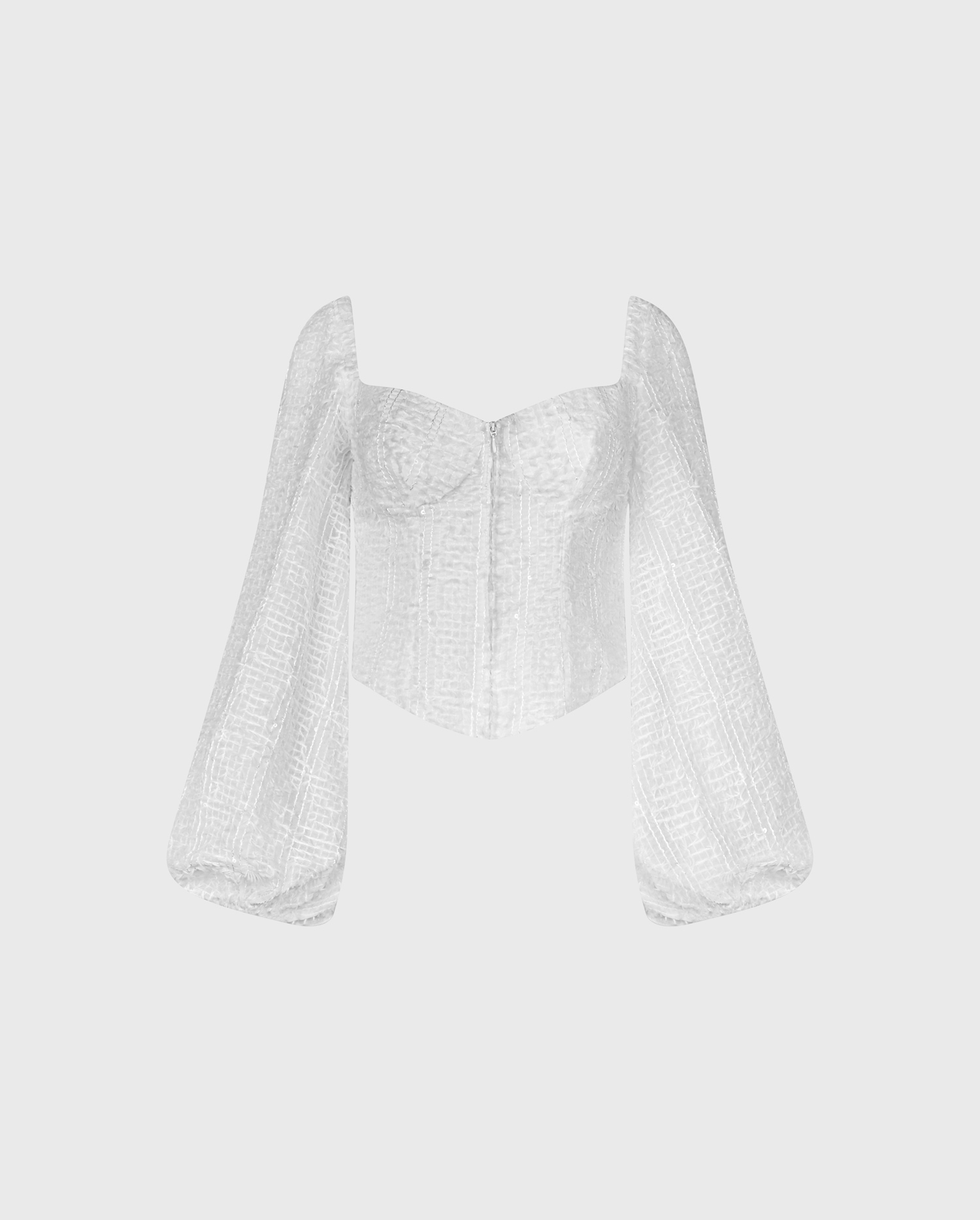 Discover the PLUME White Textured Balloon Sleeve Corset-Style Shirt