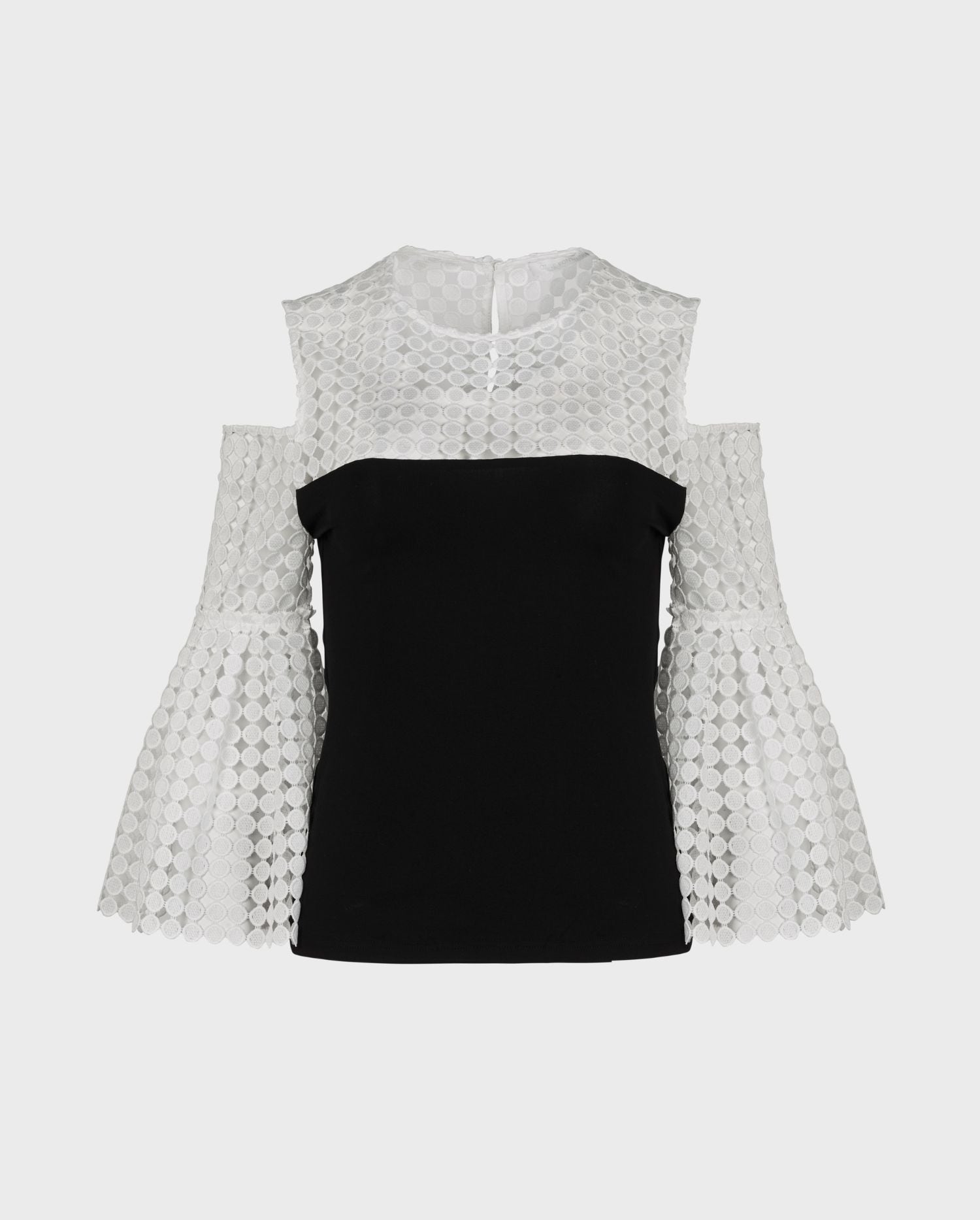 Discover the POTERIE Black and White Cold Shoulder Top With Geometric Cutouts from ANNE FONTAINE