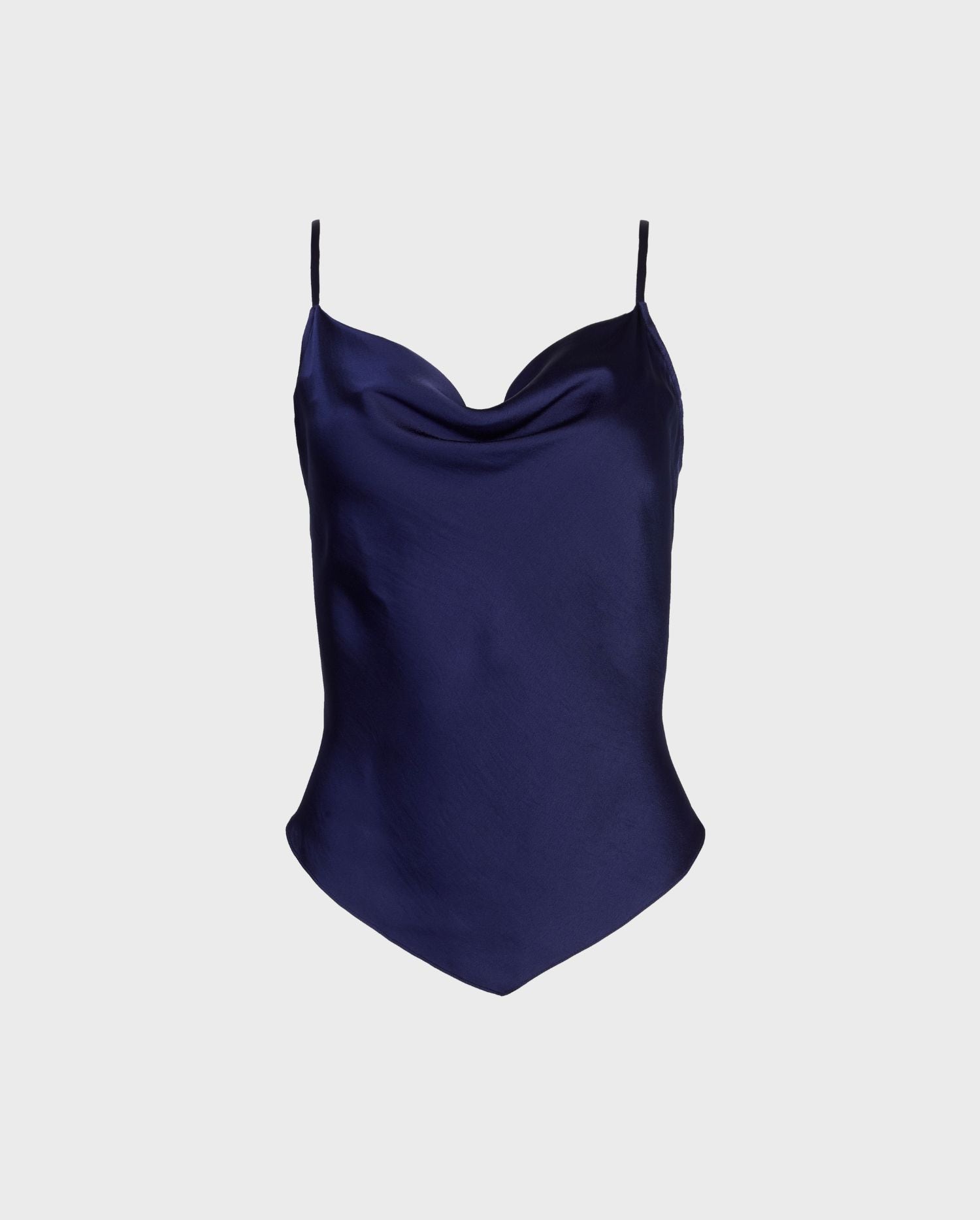 Discover the REFLET Sleeveless Blue Satin Top With Handkerchief Hem from ANNE FONTAINE