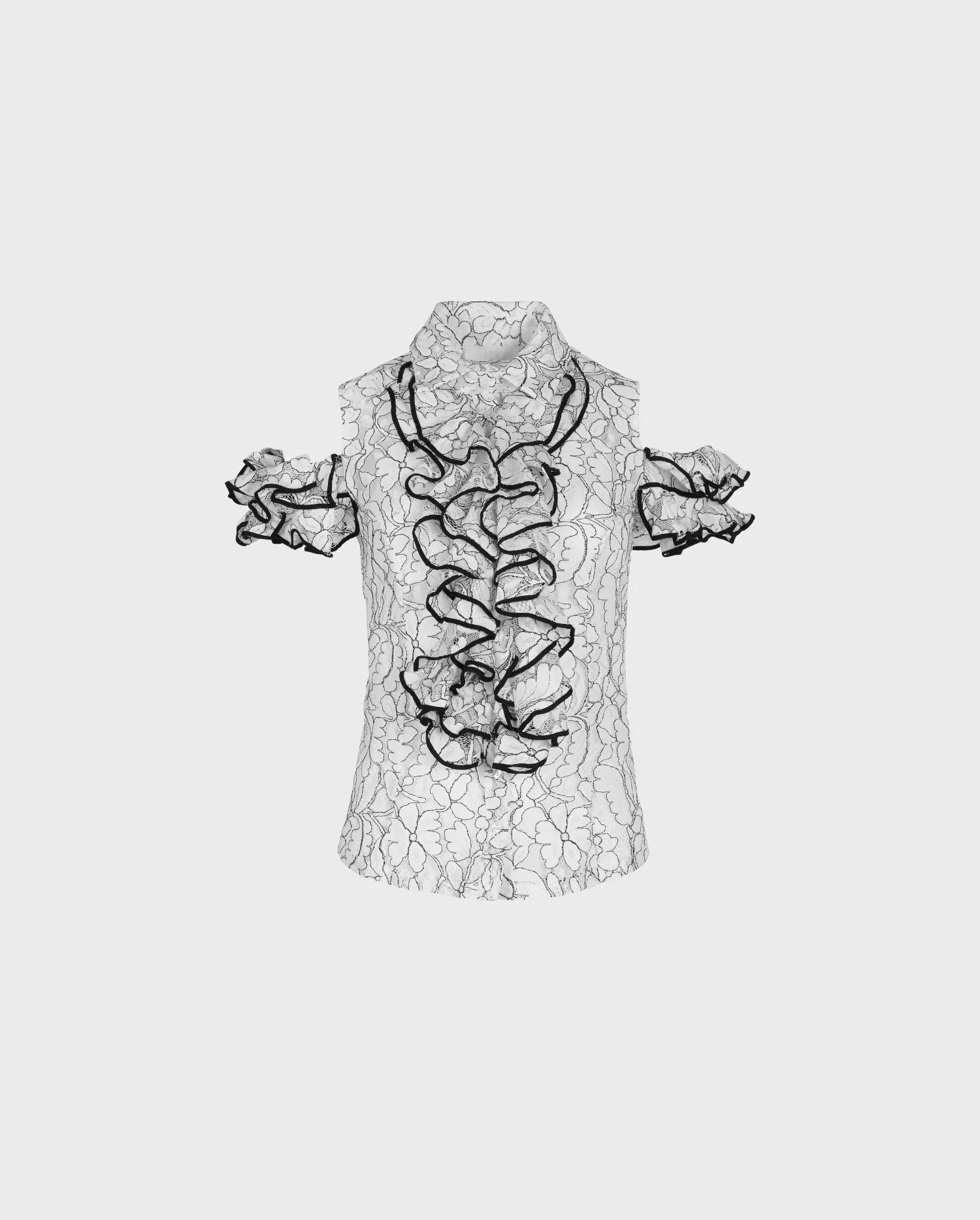 DIscover the ROC White Lace Cold Shoulder Shirt With Contrasting Black Trim and Ruffle Details from ANNE FONTAINE