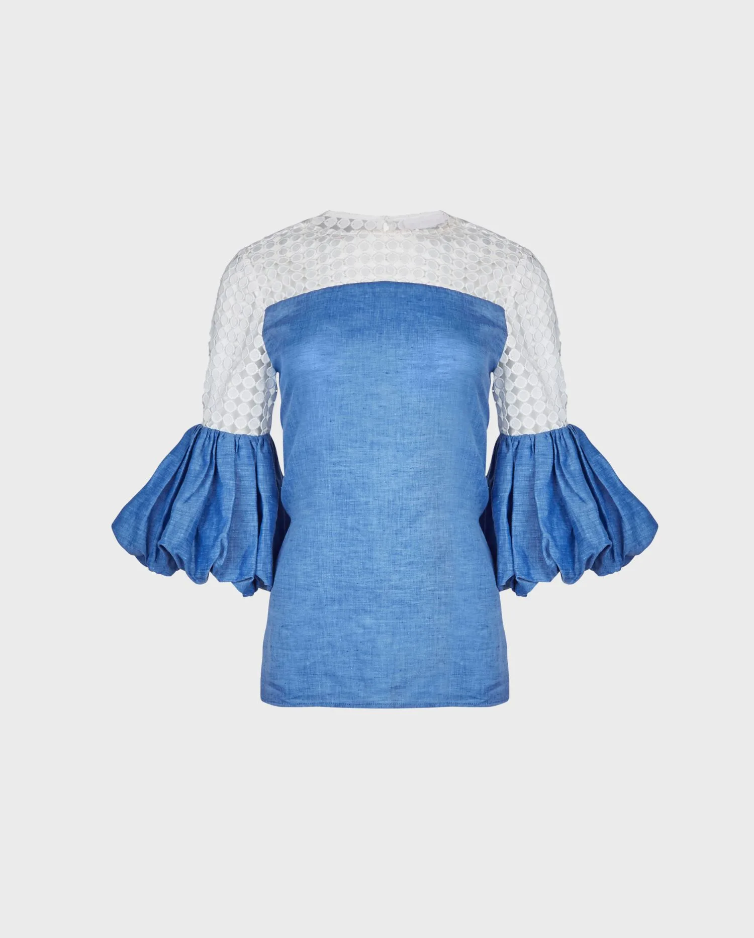 Discover the SARRIETTE Blue Linen Blouse With Openwork Lace Details and Ruched Sleeves from ANNE FONTAINE